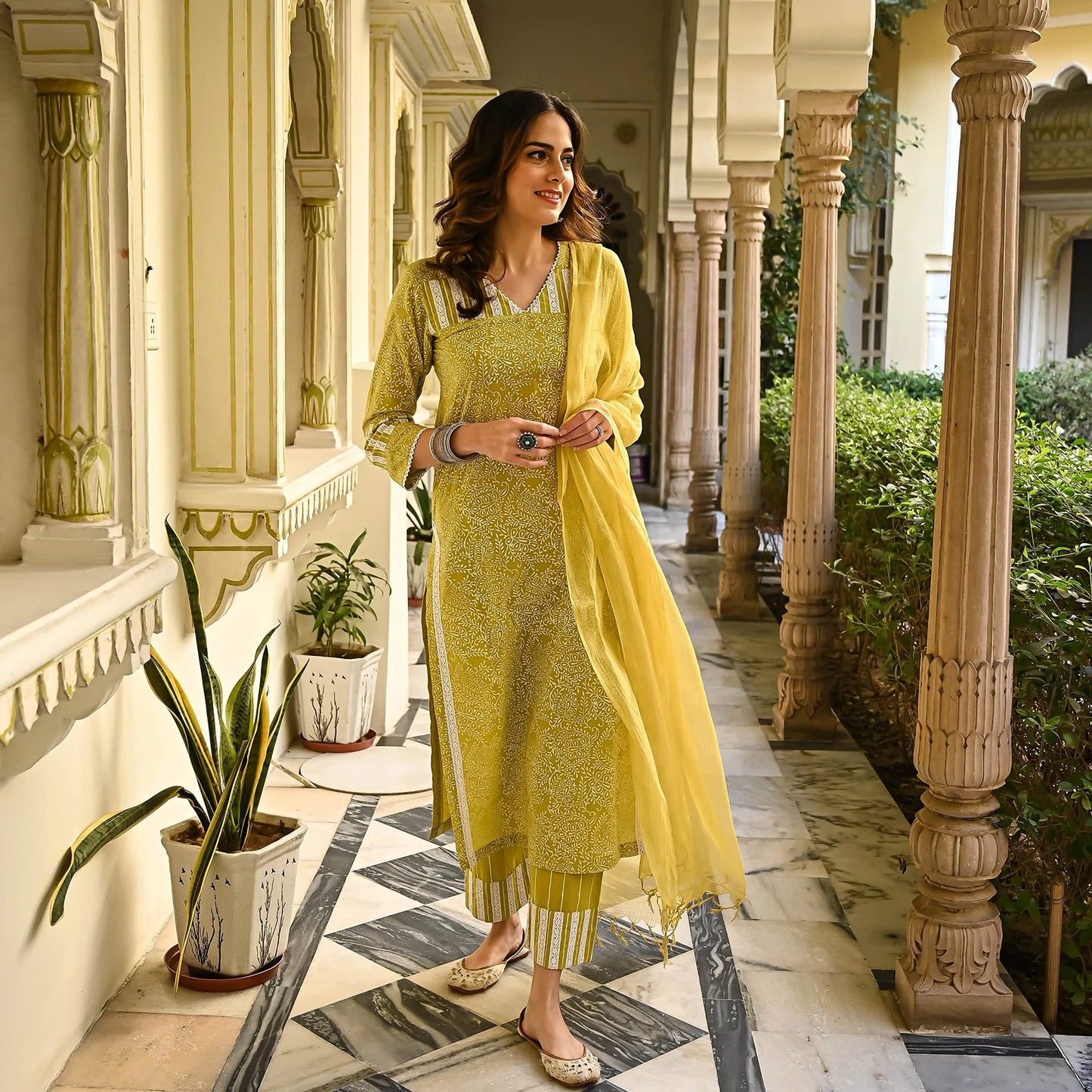 Royal Export Women's Straight Floral Printed Salwar Suit Set Mustard