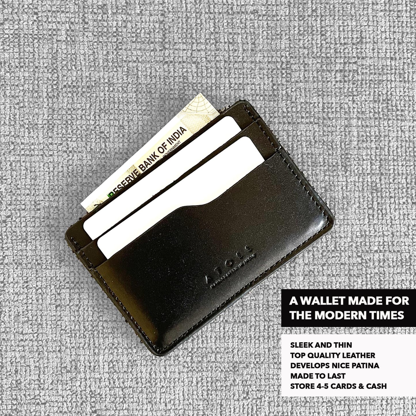 Atoll Leather Slim Card Holder Wallet for Men, Minimalist Credit Card Holder, Genuine Leather Stylish Card Wallet for Men, 3 Card Slot and Large Cash Compartment (Black)