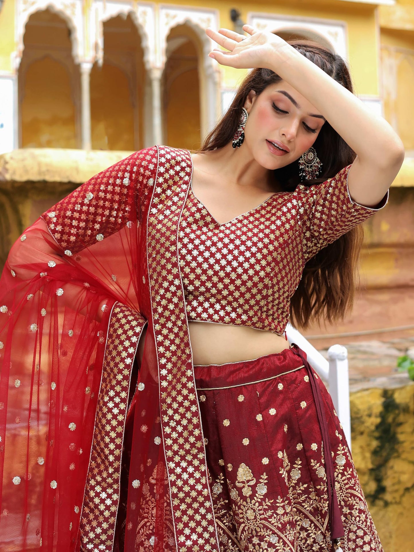 Zeel Clothing Women's Sequins, Resham Thread And Dori Embroidery Raw Silk Readymade Lehenga Choli With Dupatta (7409-Maroon-Wedding-Stylish-Lehenga-Choli-Latest; Free Size), Red