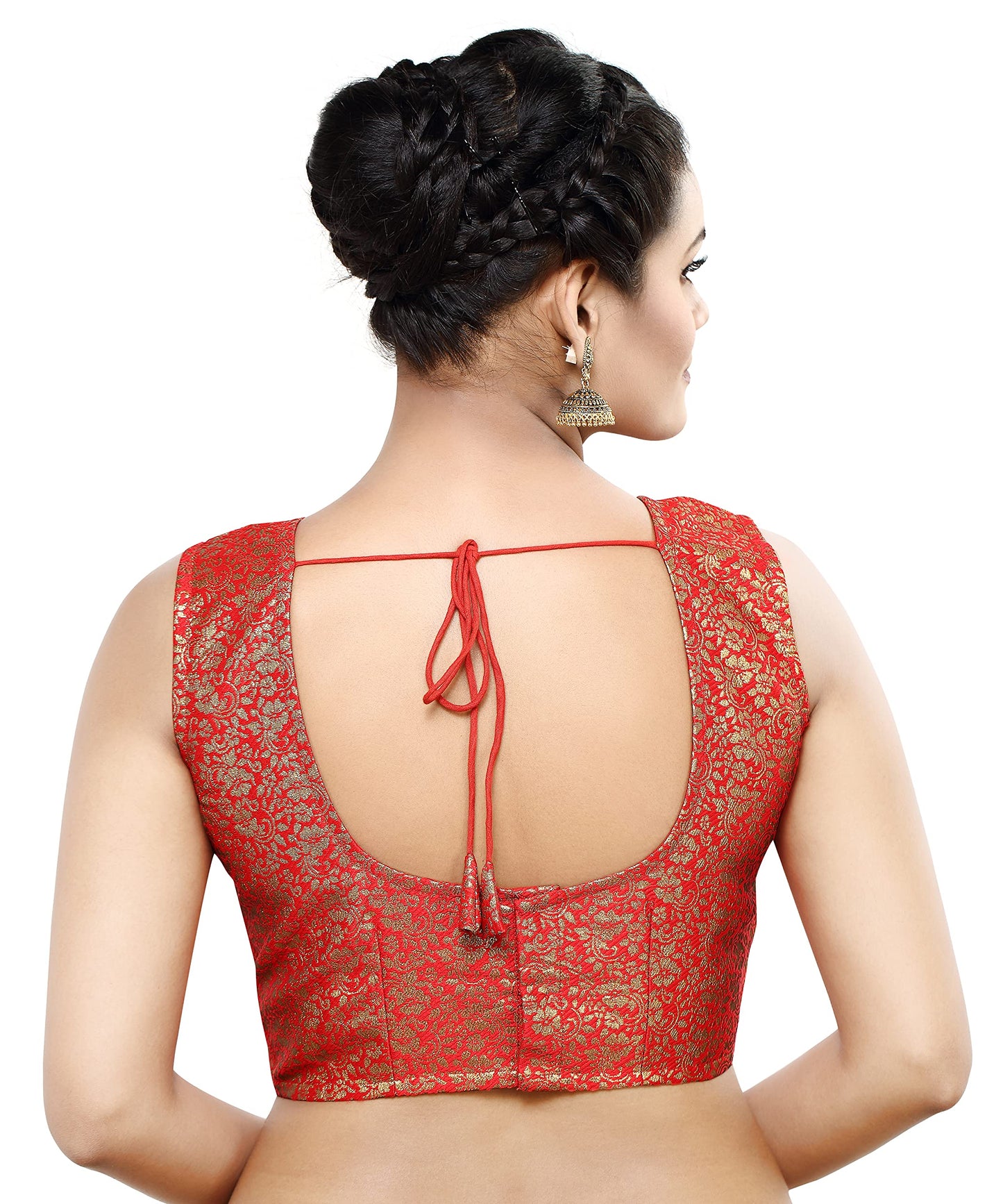Madhu Fashion Womens Polyester Brocade Sleeveless Readymade Saree Blouse (MF1995, Red, 32)