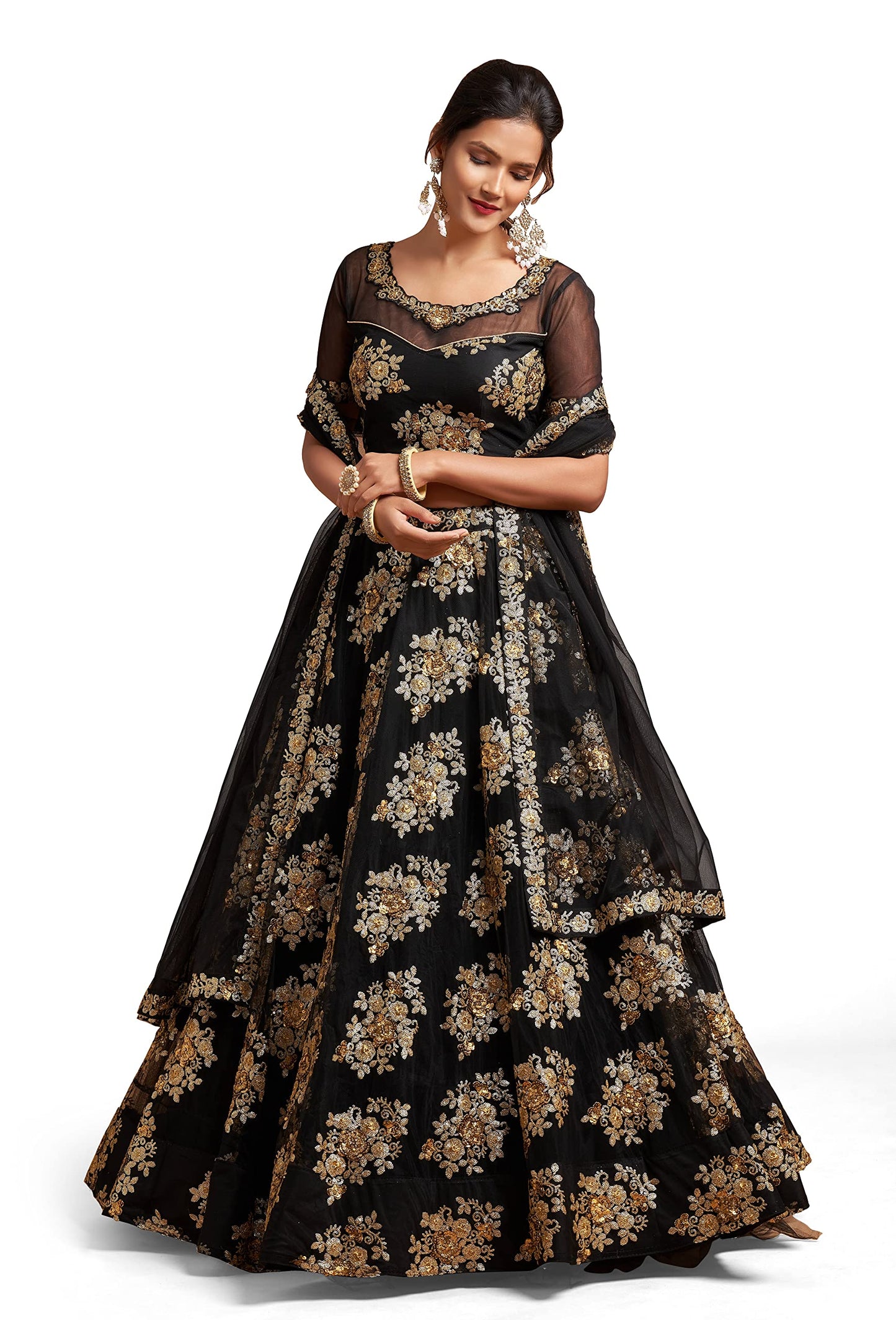 Divine Exim Women's Net Embroidered Semi-Stitched Lehenga Choli with Dupatta (7306-Black-Wedding-Girlish-Latest-Lehenga; Free Size)