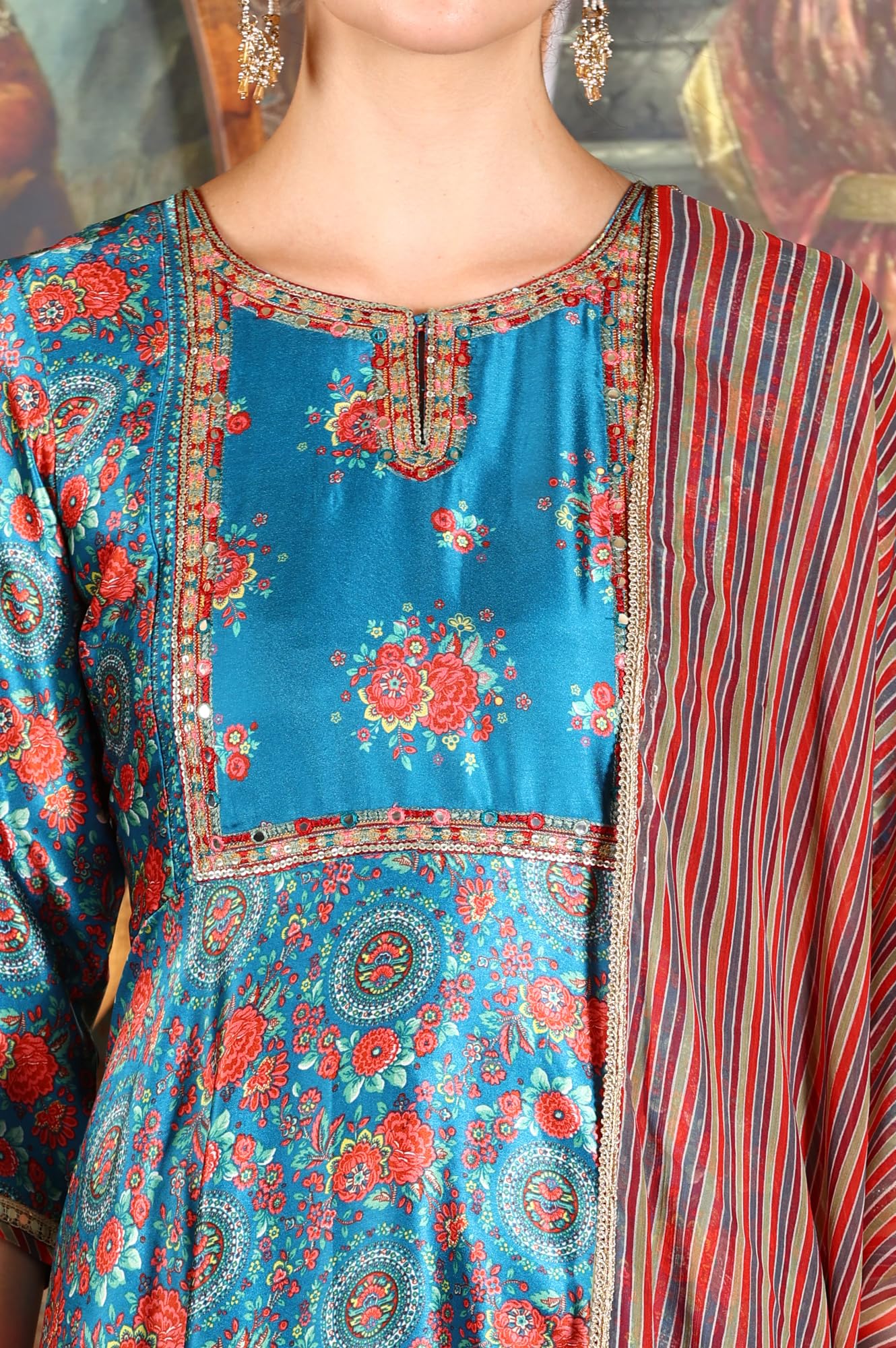 W for Woman Cerulean Blue Floral Printed Japanese Satin Kurta, Pants and Dupatta Set (Size: S)-24AUWS11763-123276