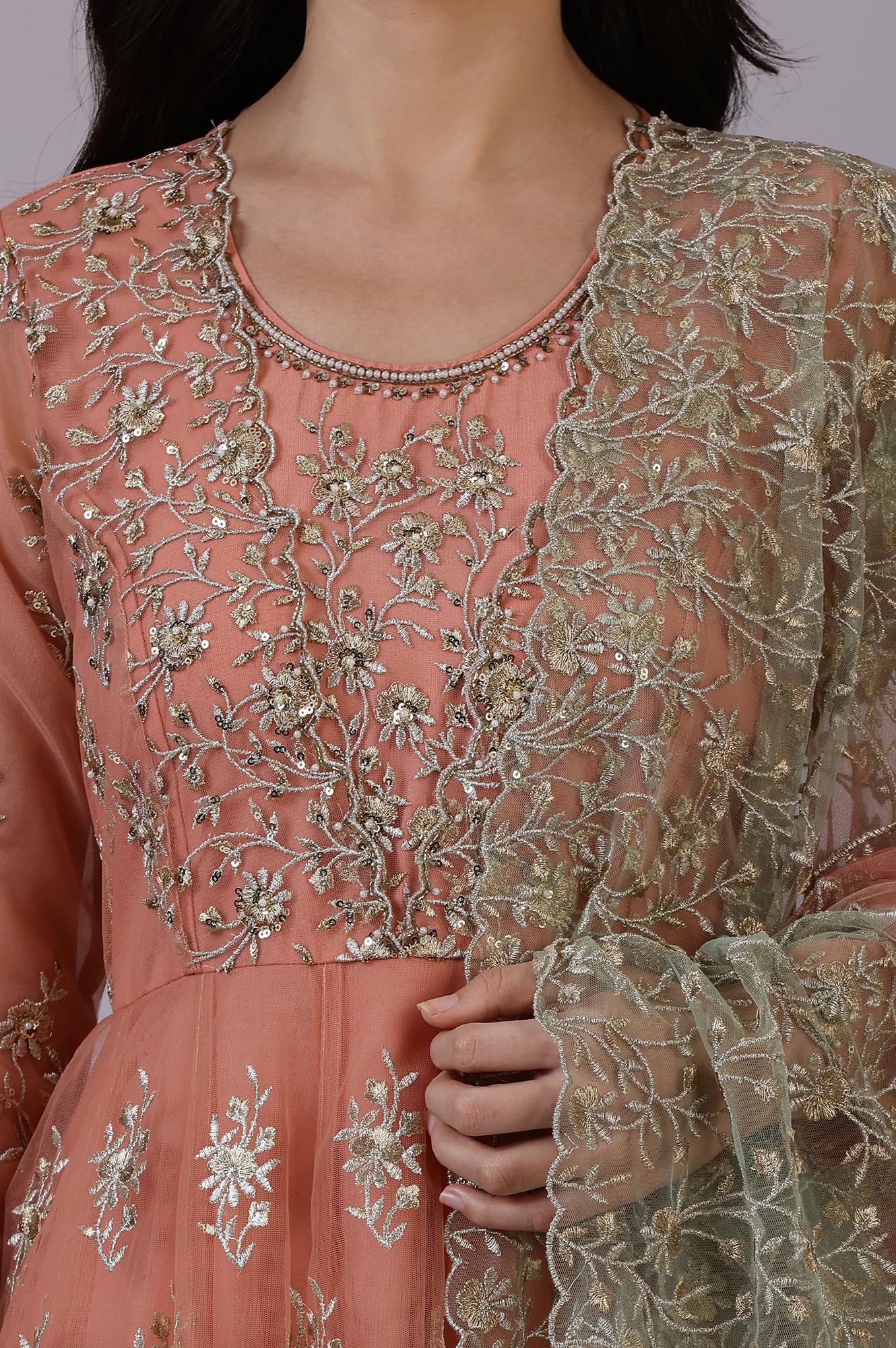 W for Woman Peach and Green Ombre Heavy Metallic Embroidered Layered Dress and Dupatta Set (Size: M)-24AUSP11987-400734