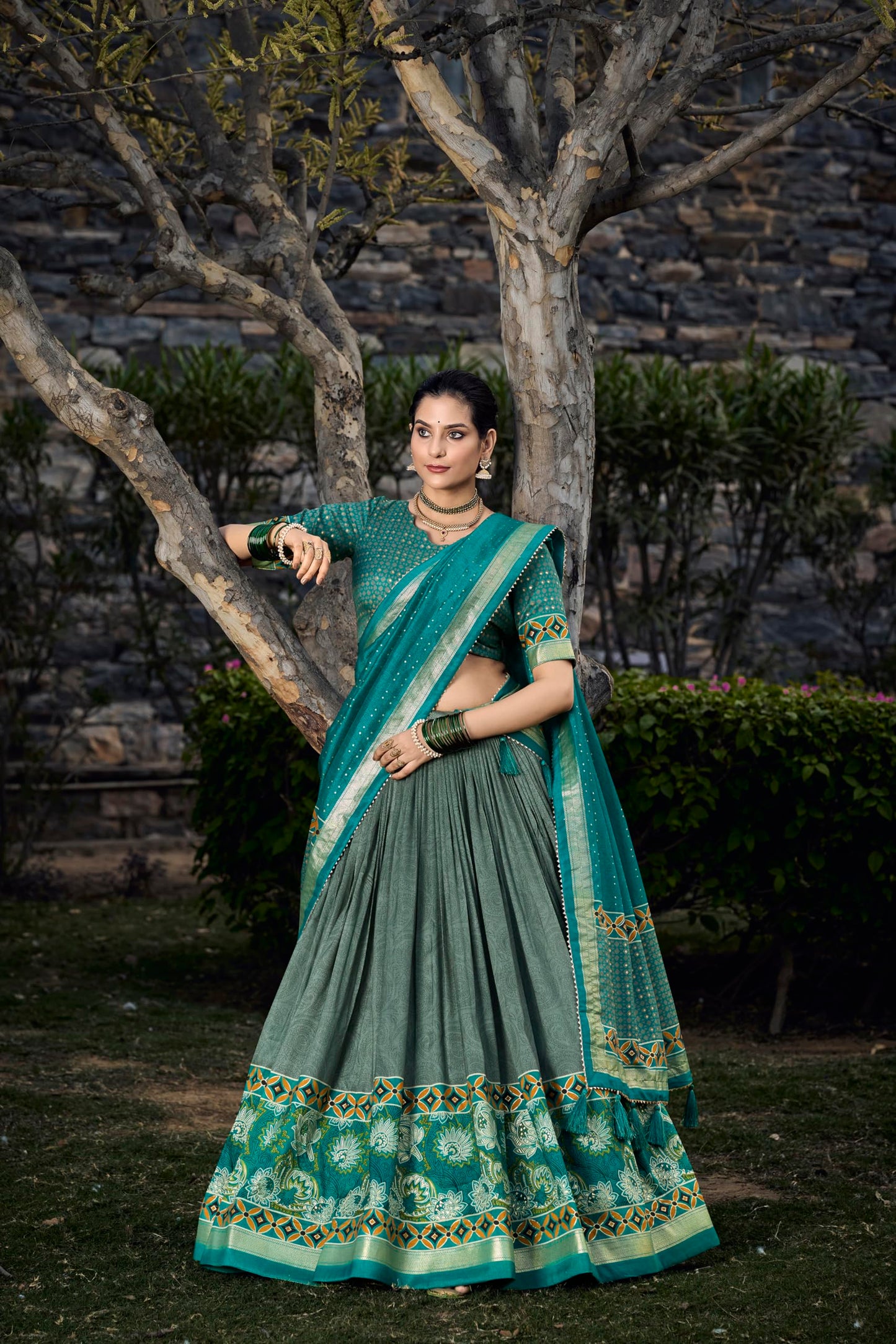 LooknBook Art Women's Tussar Silk With Foli Print Semi-Stitched Lehenga Choli Set (Sea Green)