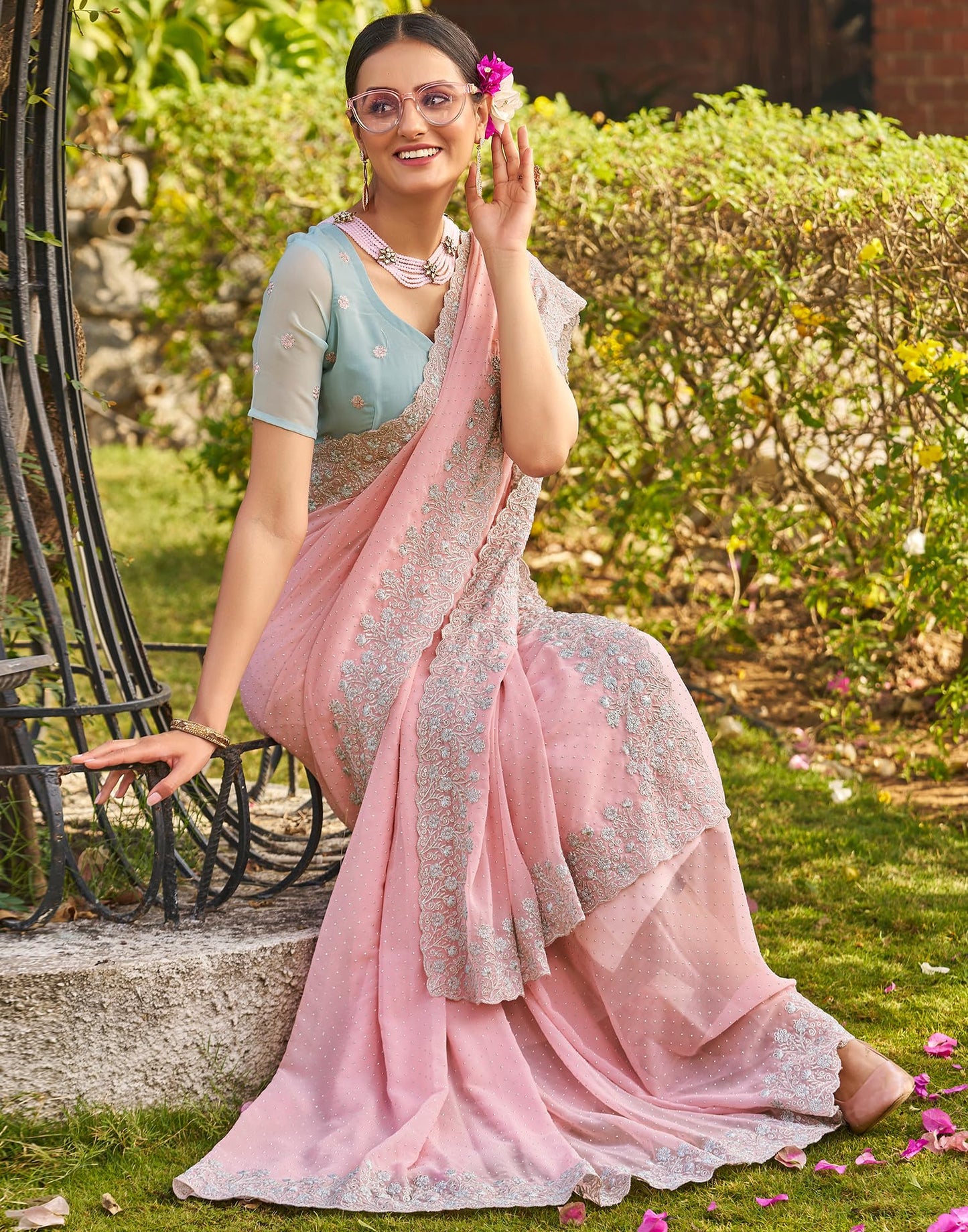 SIRIL Women's Georgette Embroidery Zari Work Saree With Unstitched Blouse Piece (3647S349_Baby Pink)
