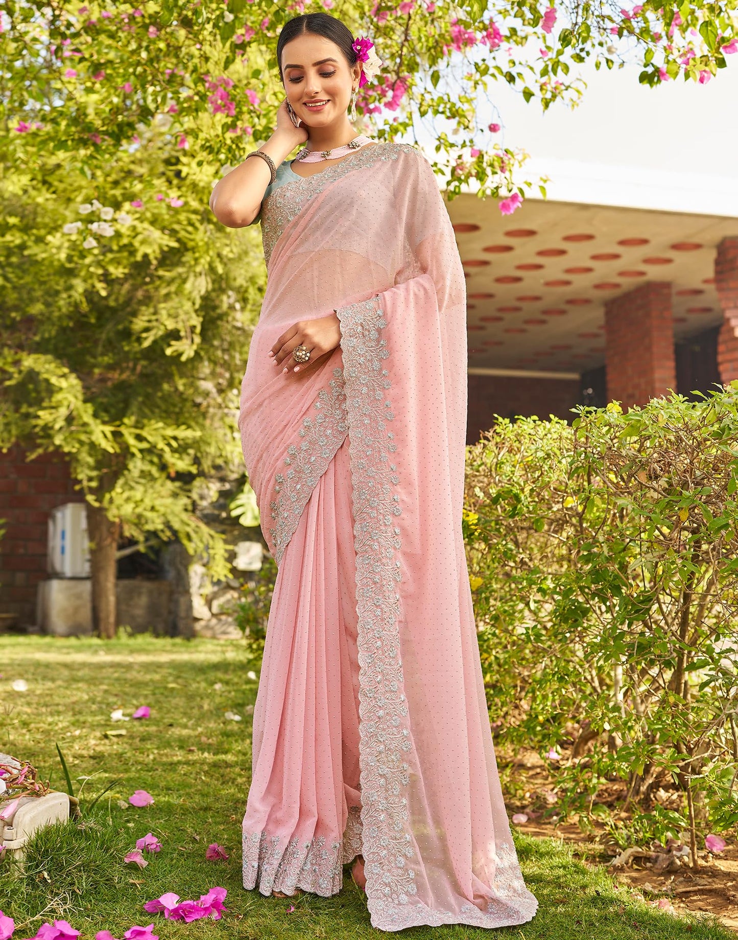 SIRIL Women's Georgette Embroidery Zari Work Saree With Unstitched Blouse Piece (3647S349_Baby Pink)