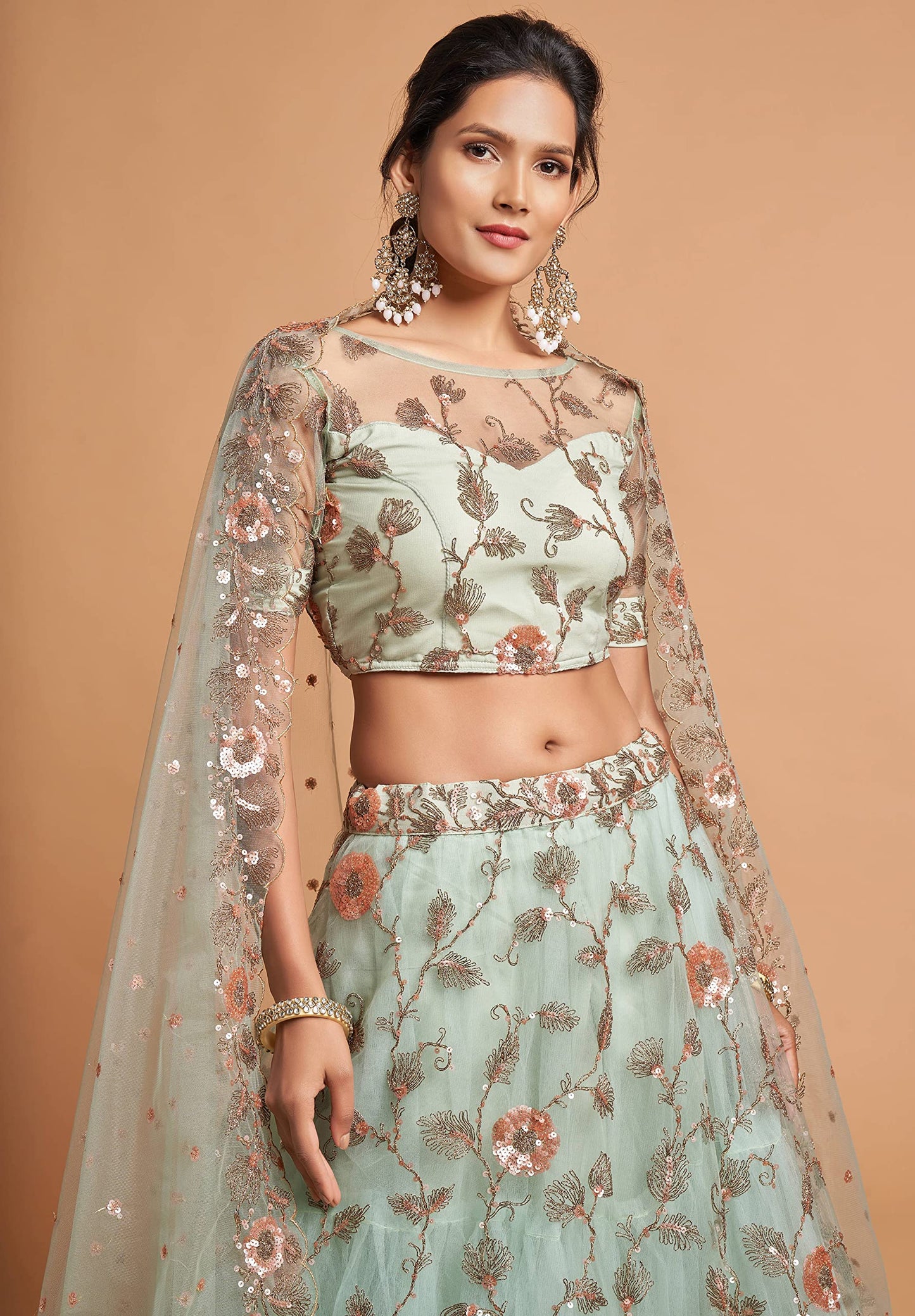 Divine International Trading Co Women's Net Embroidered Semi-Stitched Lehenga Choli with Dupatta (7314-SkyBlue-Wedding-Girlish-Latest-Lehenga; Free Size)