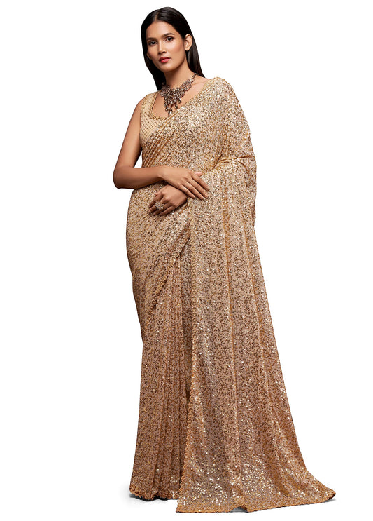 TRENDMALLS Women's Georgette Heavy Sequins Work Heavy Saree with Blouse (Latest-Sequins-Party-Saree) (Beige)