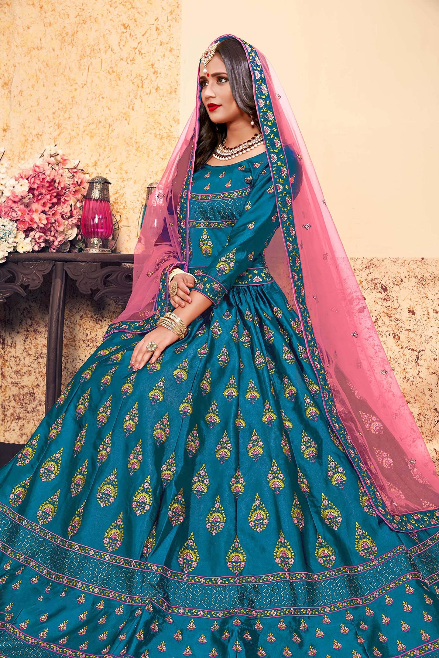 FUSIONIC Stylish Sky blue Satin base Lehenga Choli For Women