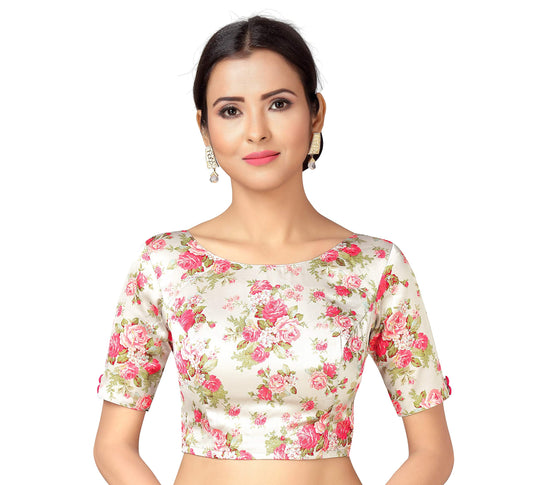Studio Shringaar Women's Readymade Off White With Pink Rose Printed Saree Blouse With Short Sleeves (Off-White, 40, Polyester)