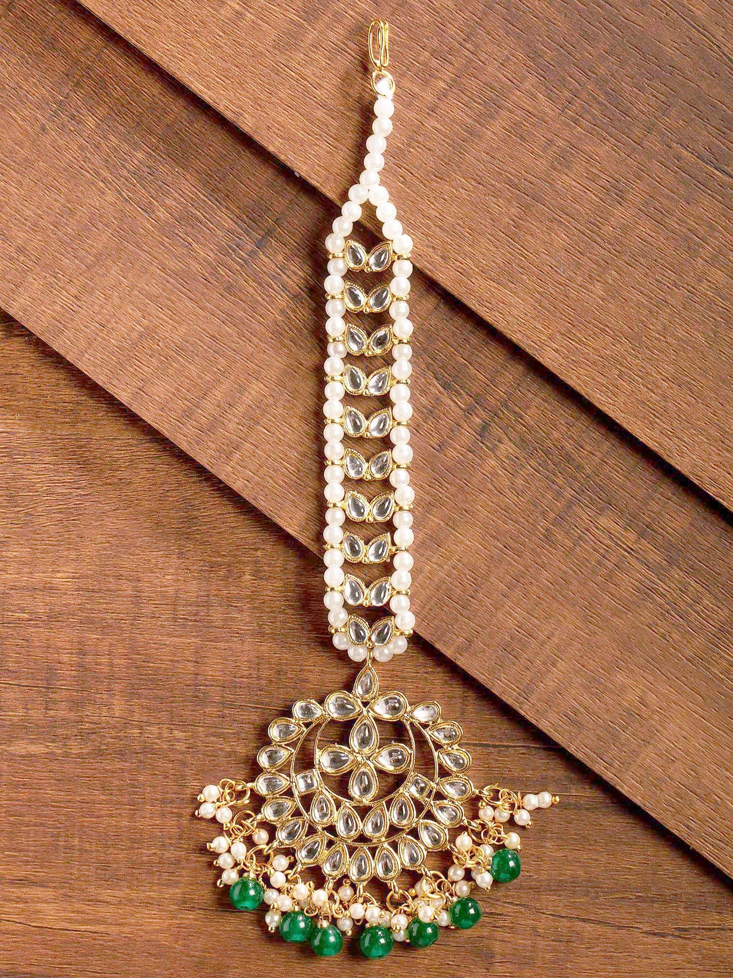 Zaveri Pearls Kundan & Dangling Green Beads Mesmerising Maangtikka for Women-ZPFK9452