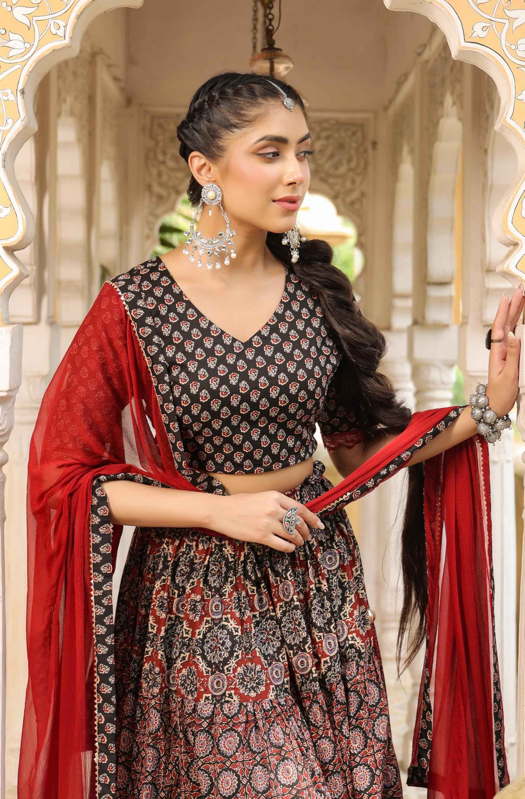 Janasya Women's Black & Maroon Pure Cotton Ethnic Motifs Printed Tiered Ready To Wear Lehenga Choli Set (JAB24LC00799-A-L)