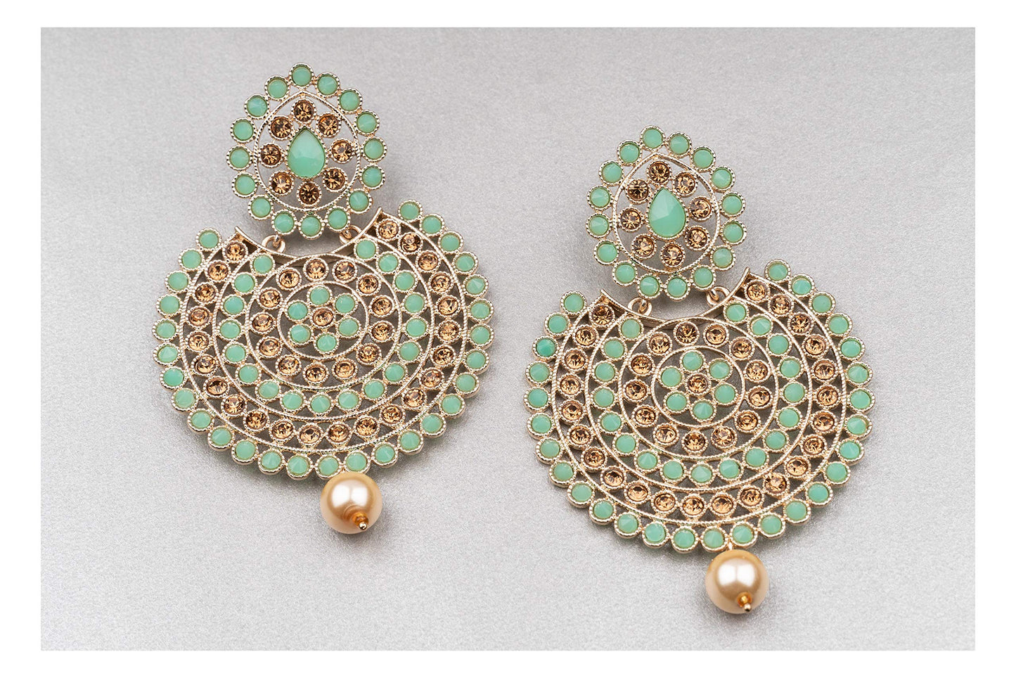 JFL - Jewellery for Less Gold Tone LCD Diamond and Polki stone Studded with Pearl Drop Chandbali Earrings for women and Girls (Mint Green),Valentine
