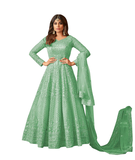 Divine International Trading Co Women's Net With Heavy Embroidery Work Long Anarkali Gown Salwar Suit Dupatta (Unstitched_SanjanaO-8398-Green)