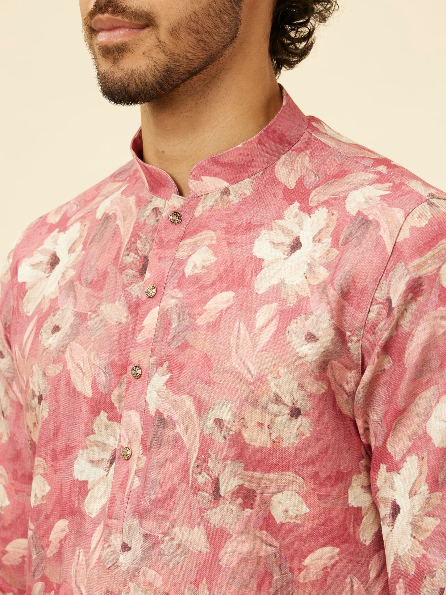 Manyavar Men's Coral Pink Floral Printed Kurta (L)