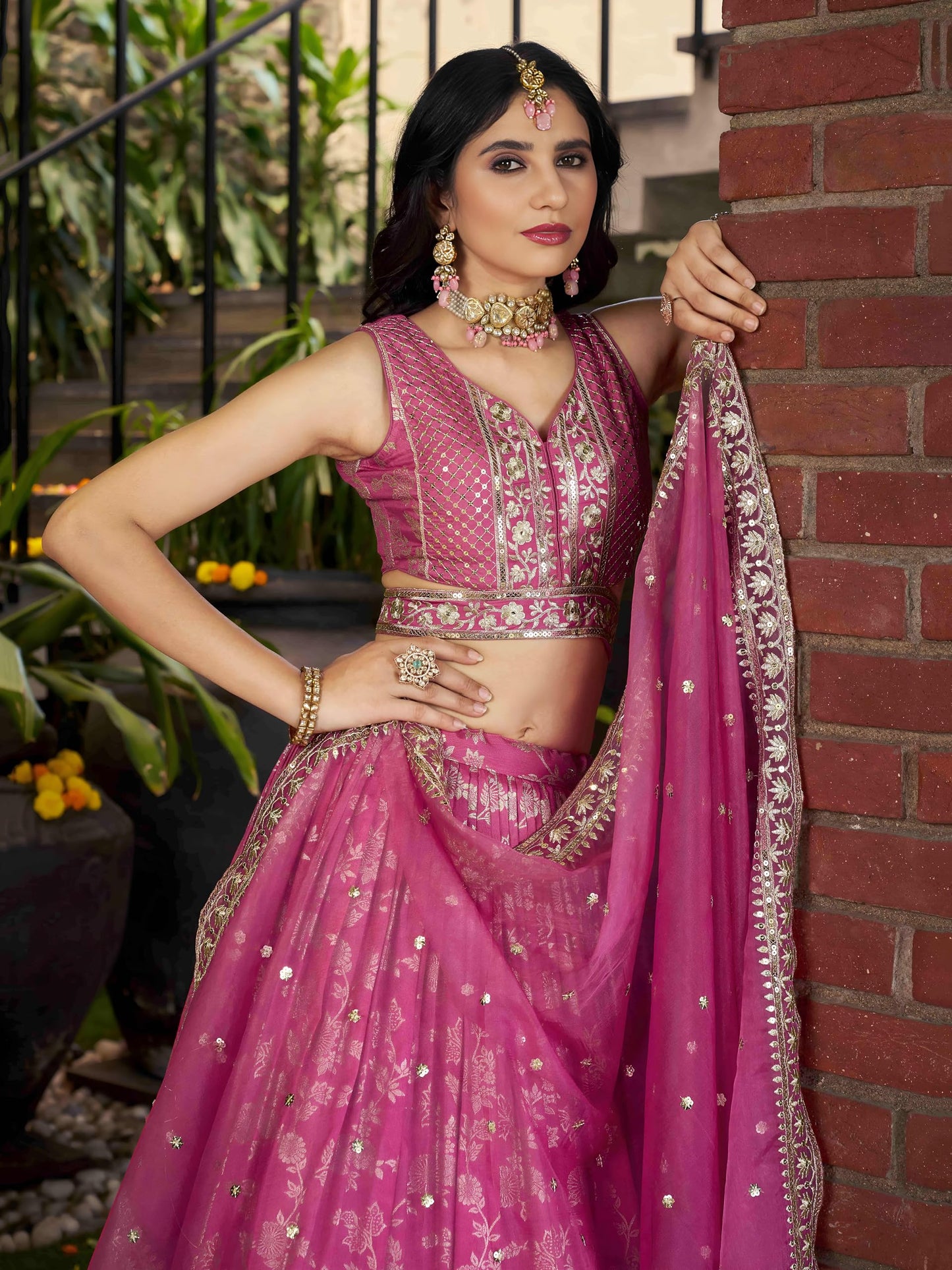 Zeel Clothing Women's Sequins Zari Embroidered Dola Silk Jacquard Lehenga Choli With Dupatta (7100-Women-Lehenga-Choli-Latest, Free size) (Pink)