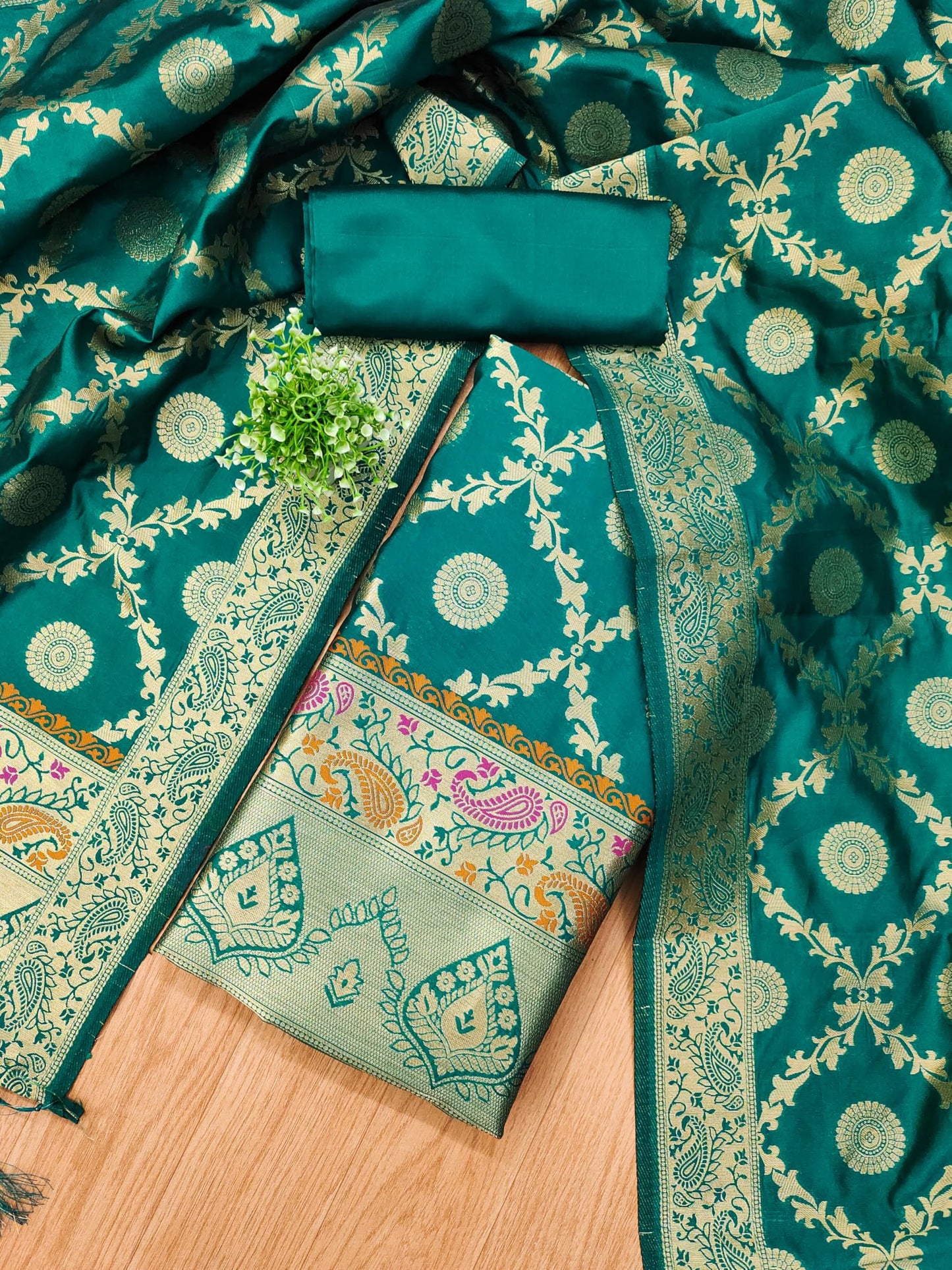 SHANTVAN GALLERY Pure Zari Silk Suit Dress Material for Woman premium banarasi dress materials for women with soft silk top bottom and dupatta unstitched set in elegant Mango design - Teal