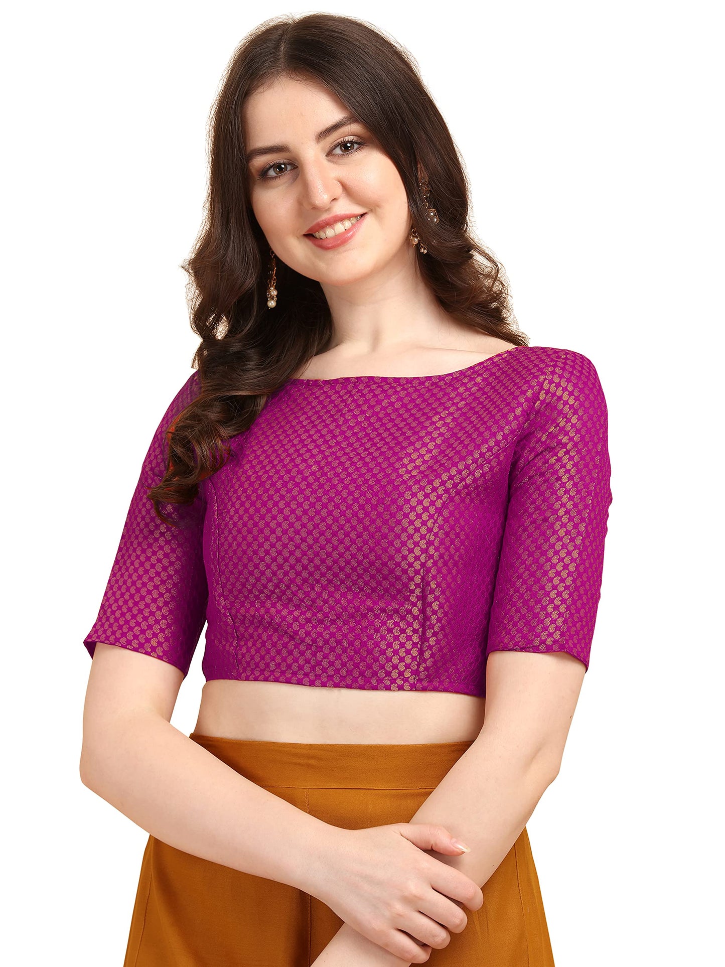OOMPH! Women's Indian Ethnic Wear Designer Dot Pattern Zari Work Boat Neck Half Sleeve Pink Color Jacquard Readymade Blouse for Saree or Lehnga and Fusion Twist. S