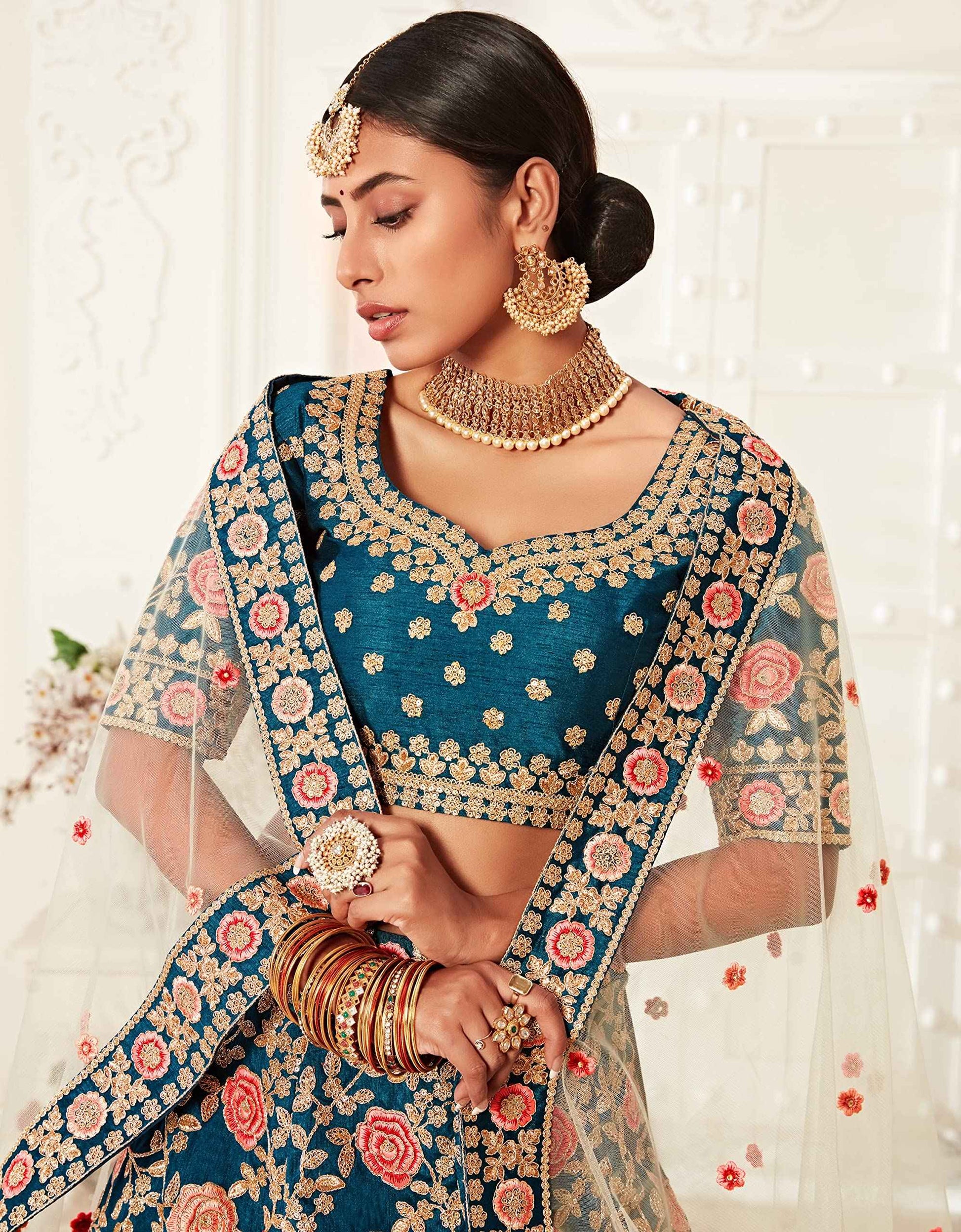 Zeel Clothing Women's Faux Silk Semi stitched Lehenga Choli (7703-Wedding-Bridal-Latest-Lehenga_Blue_Free Size)