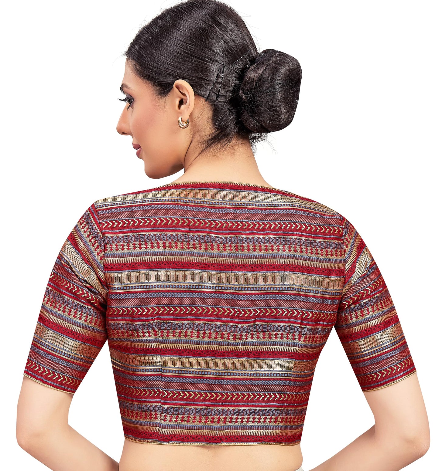 Studio Shringaar Women's Maroon Brocade Readymade Saree Regular Fit Elbow Length Sleeves Blouse (Maroon, 34)