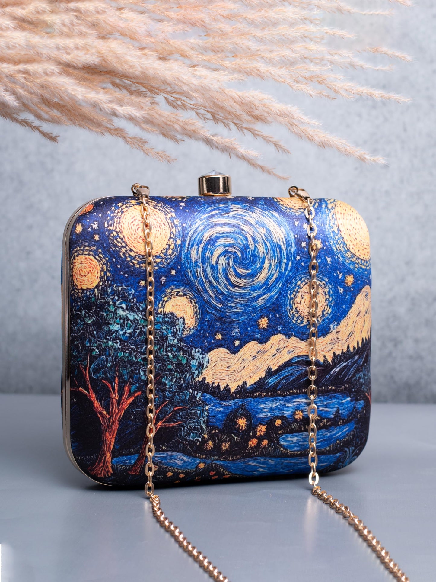Artklim Blue Star Night Art Printed Golden Strap Quirky Box Clutch for Women - Sling Purse - Valentine’s Day Gift for Girlfriend