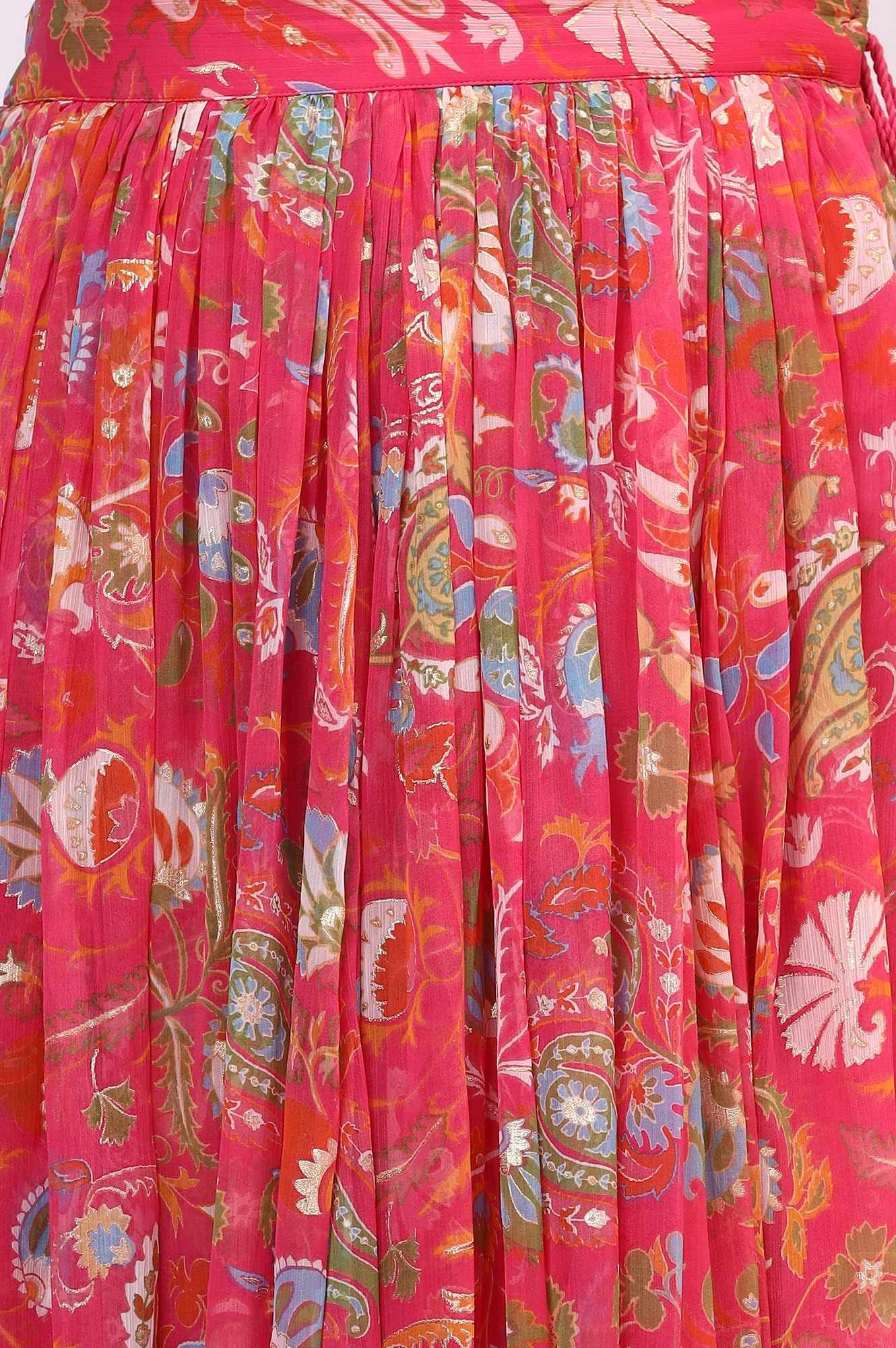 W for Woman Pink Floral Printed Embellished Chiffon Sleeveless Crop Top, Skirt and Dupatta Set (Size: L)-WS12117-124246