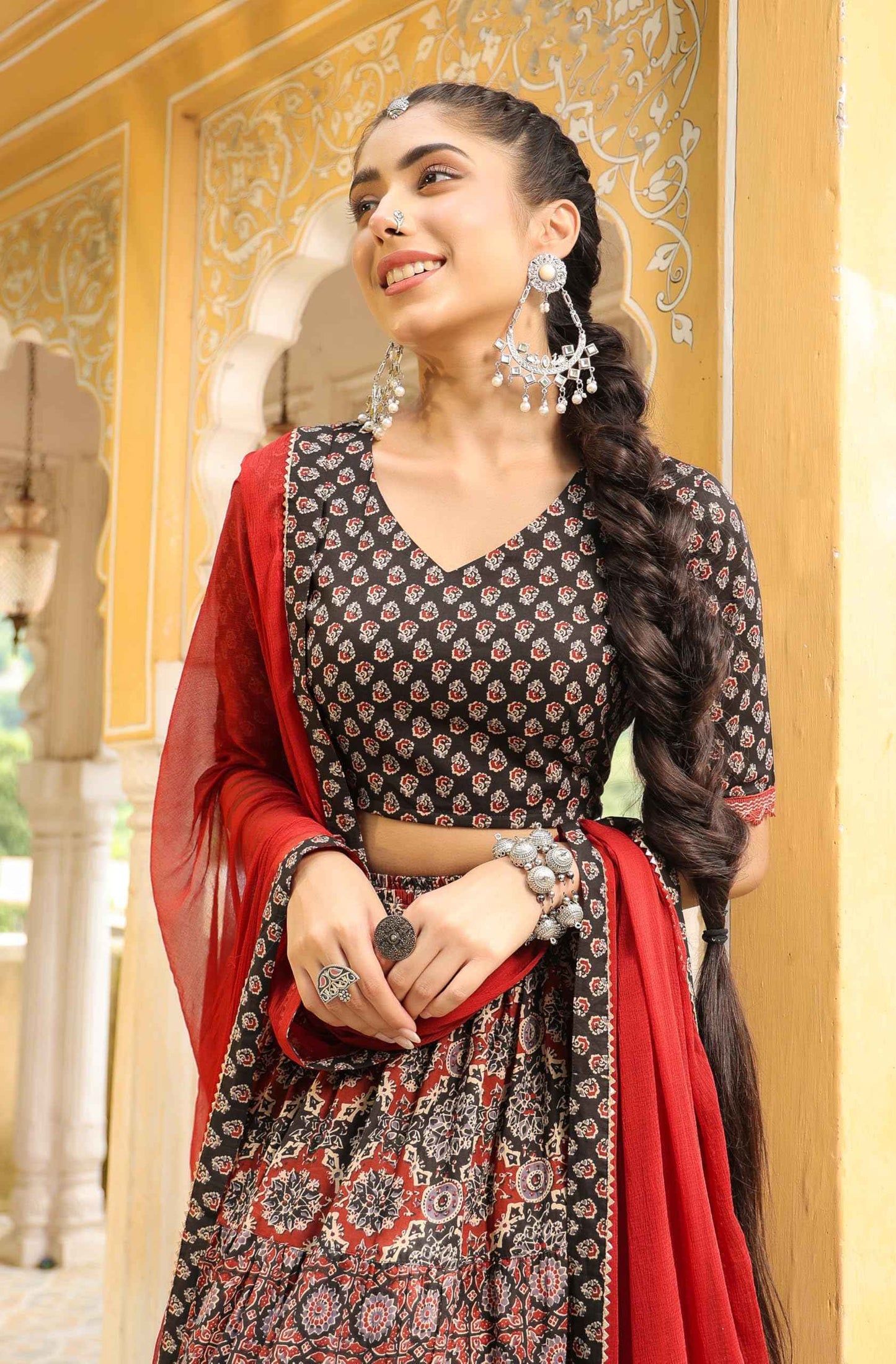 Janasya Women's Black & Maroon Pure Cotton Ethnic Motifs Printed Tiered Ready To Wear Lehenga Choli Set (JAB24LC00799-A-L)