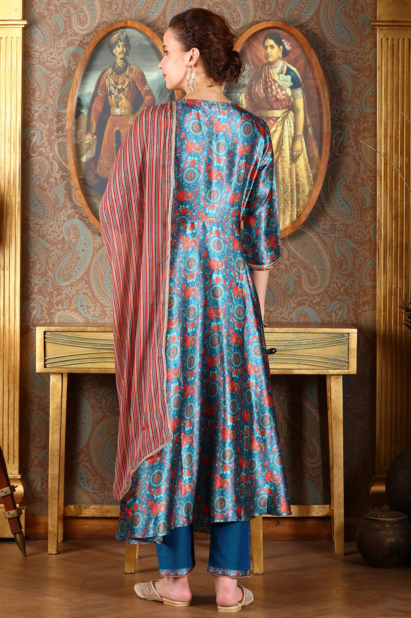 W for Woman Cerulean Blue Floral Printed Japanese Satin Kurta, Pants and Dupatta Set (Size: S)-24AUWS11763-123276