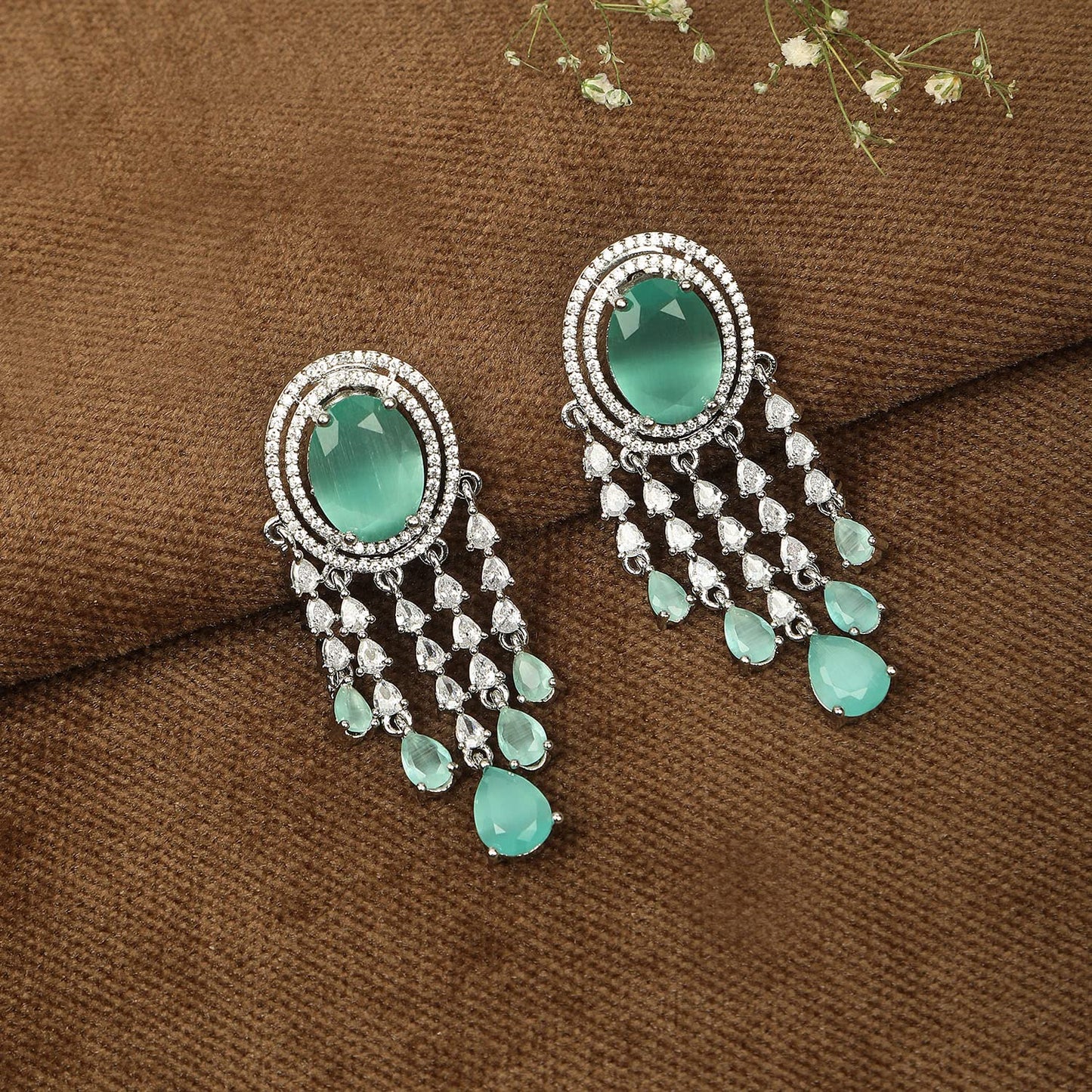 AccessHer Chandelier Earrings for Women | American Diamond Drop Earrings with Turquoise Blue Semi-Precious Stones | Elegant Traditional Jewelry for Special Occasions