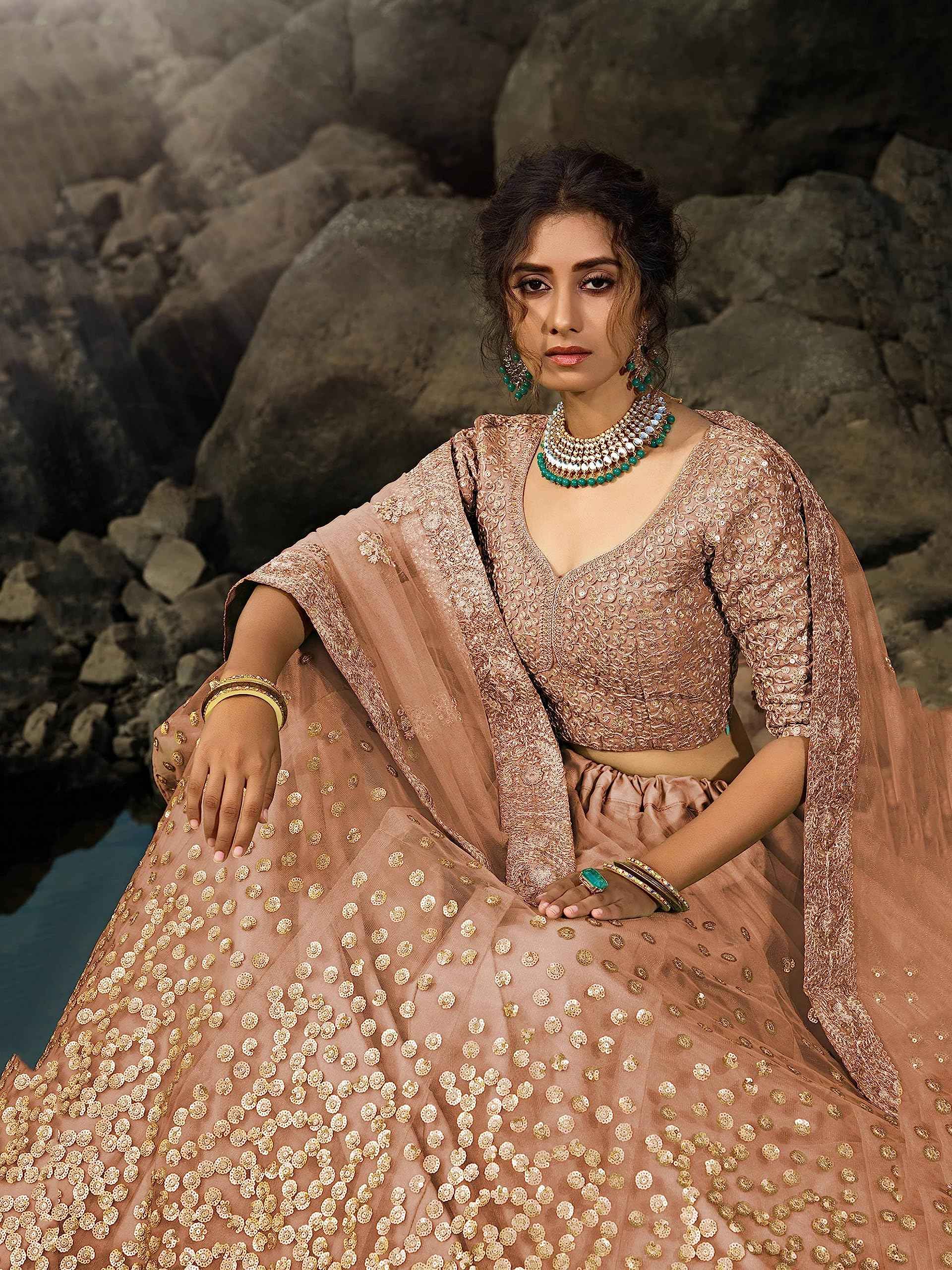 Zeel Clothing Women's Net Semi-Stitched Lehenga Choli Brown Wedding Bridal Latest New Free Size