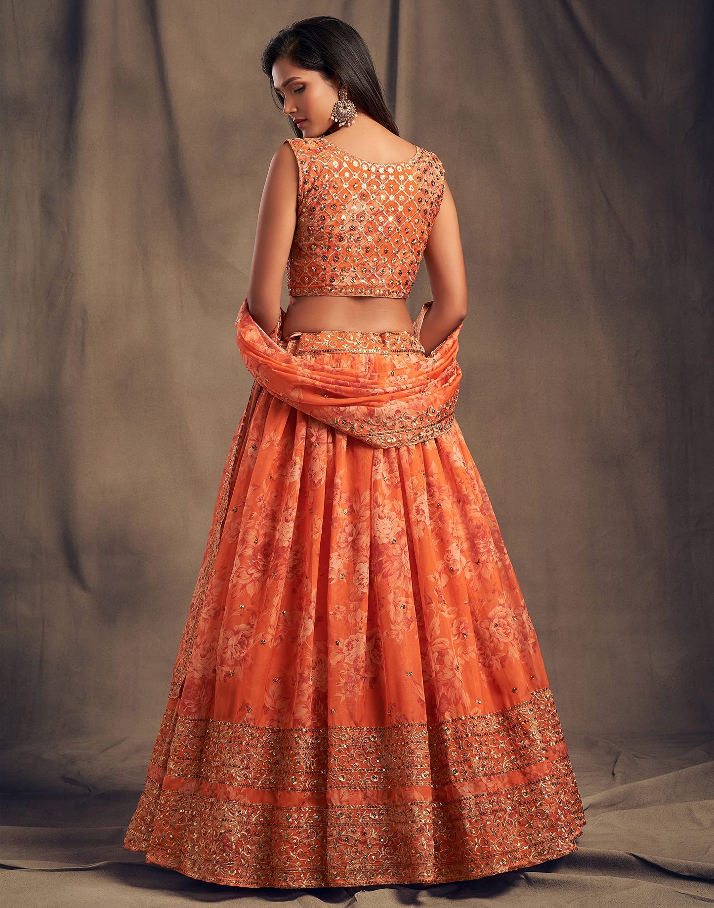 Zeel Clothing Women's Organza Floral White Semi-Stitched Lehenga Choli (7612-Orange-Wedding-Floral-Lehenga-New, Orange)