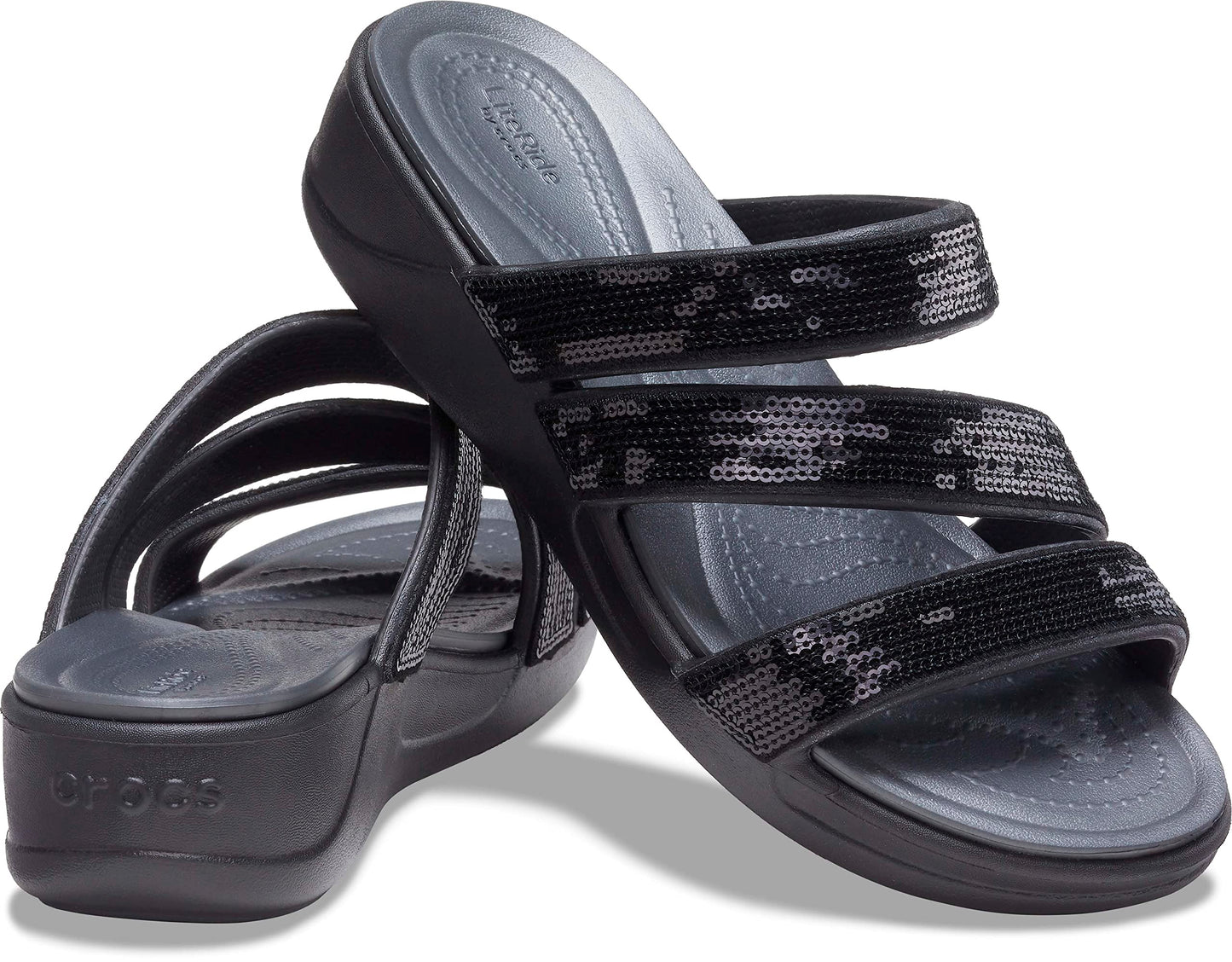 crocs womens Boca Sequin Strappy Wedge Black Sandal - 2 UK (W4) (207645-001)