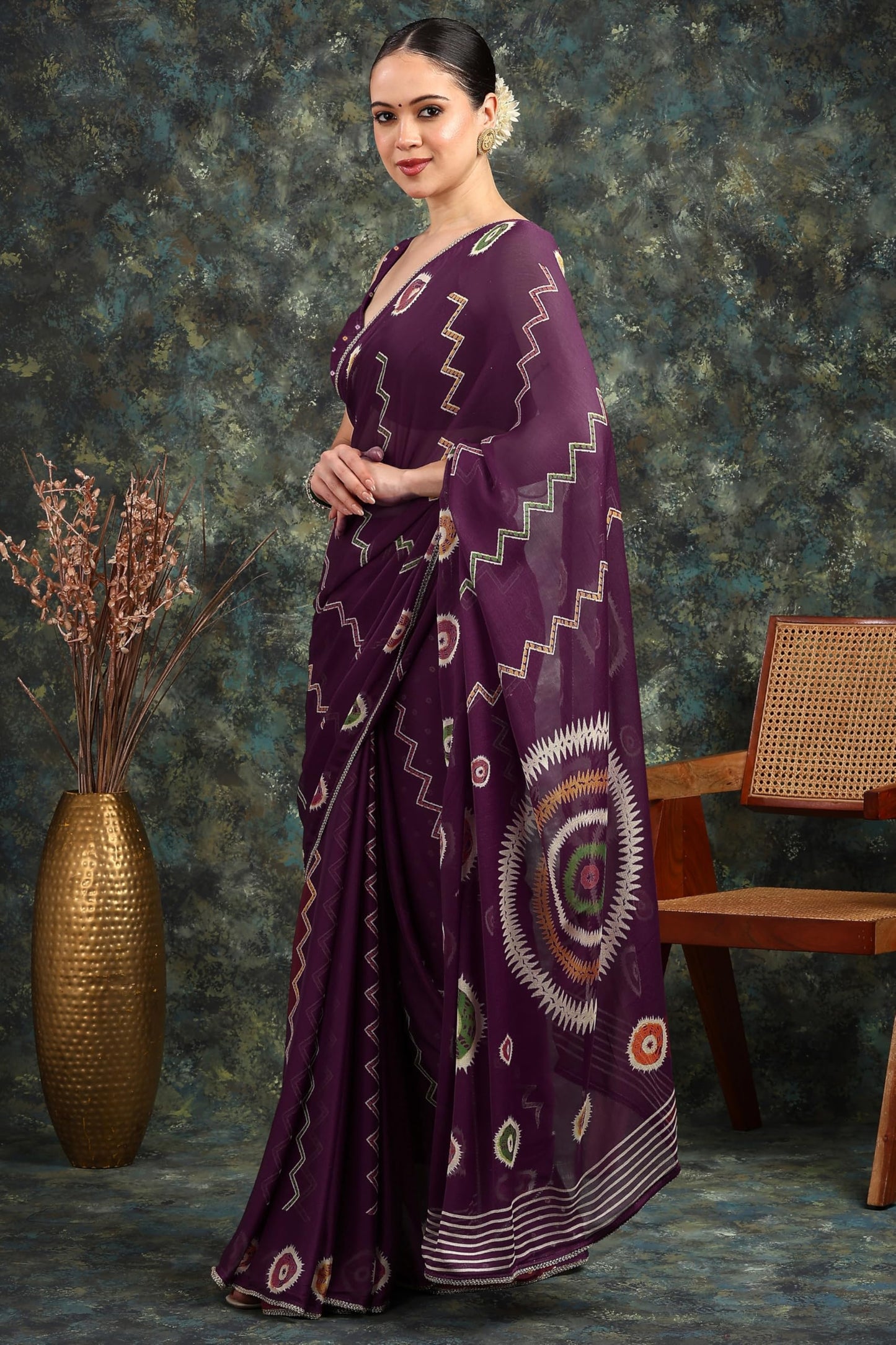 MIRCHI FASHION Women's Chiffon Chevron Block Printed Saree with Blouse Piece (50724 - Dark Magenta, Multicolor)
