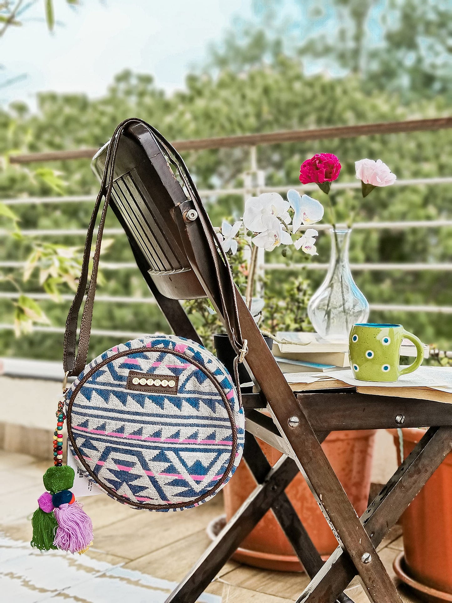 ASTRID Round Sling Bag With Pompoms For Girls And Women (multicolor)