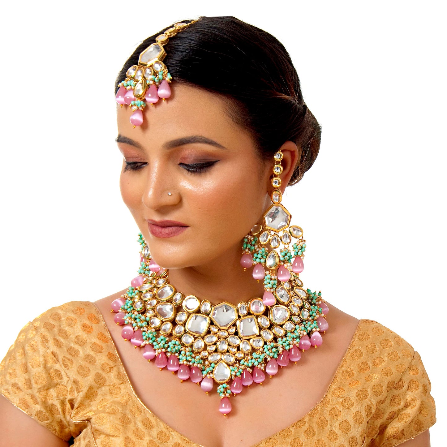 Lucky Jewellery Meenakari 18K Gold plated Multi color Uncut dibbi Kundan Combo Necklace Set