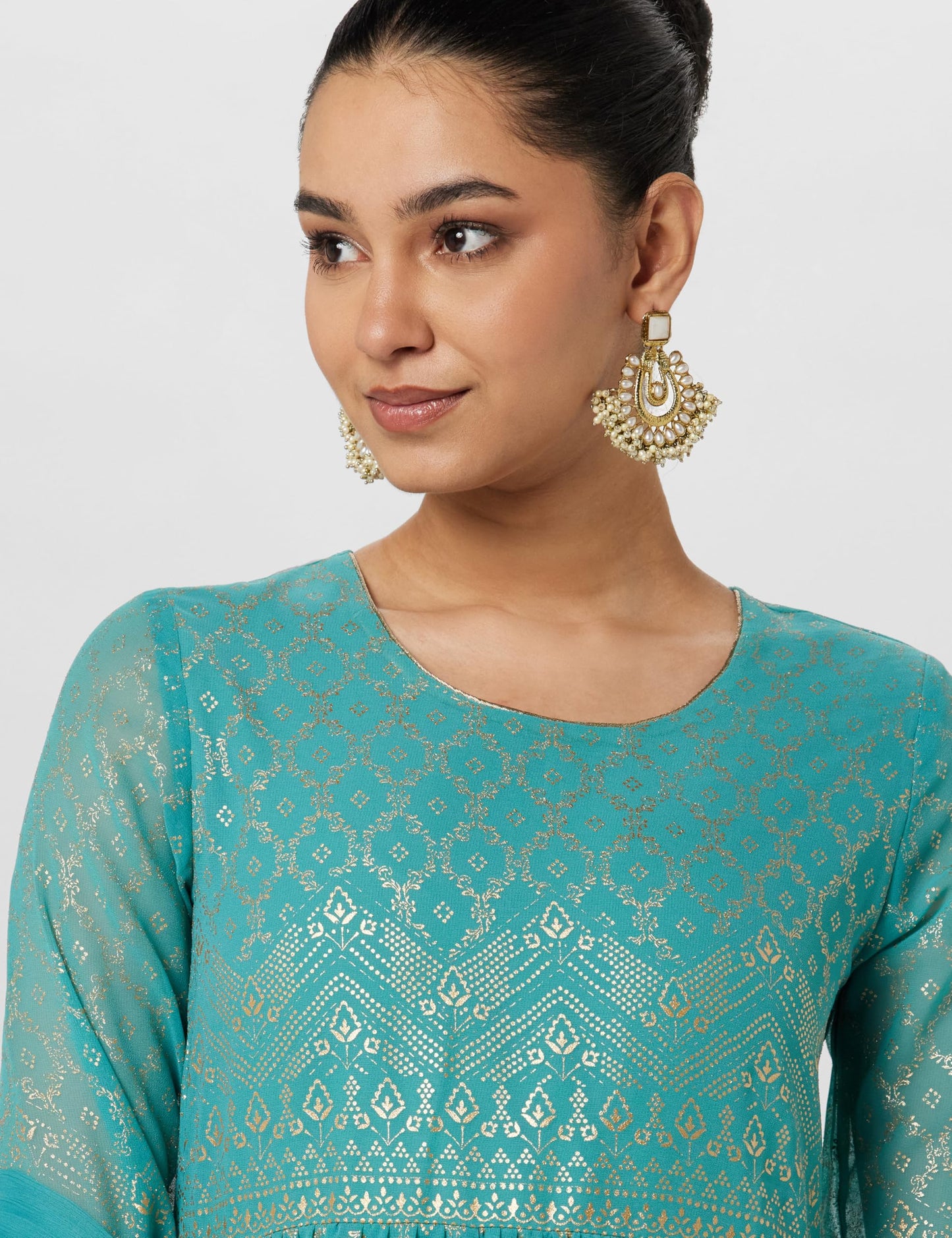 BIBA Cotton Blend Women Printed Anarkali Regular Fit Salwar Kurta Dupatta(Skdgold Mur9143_Sea Green_38)