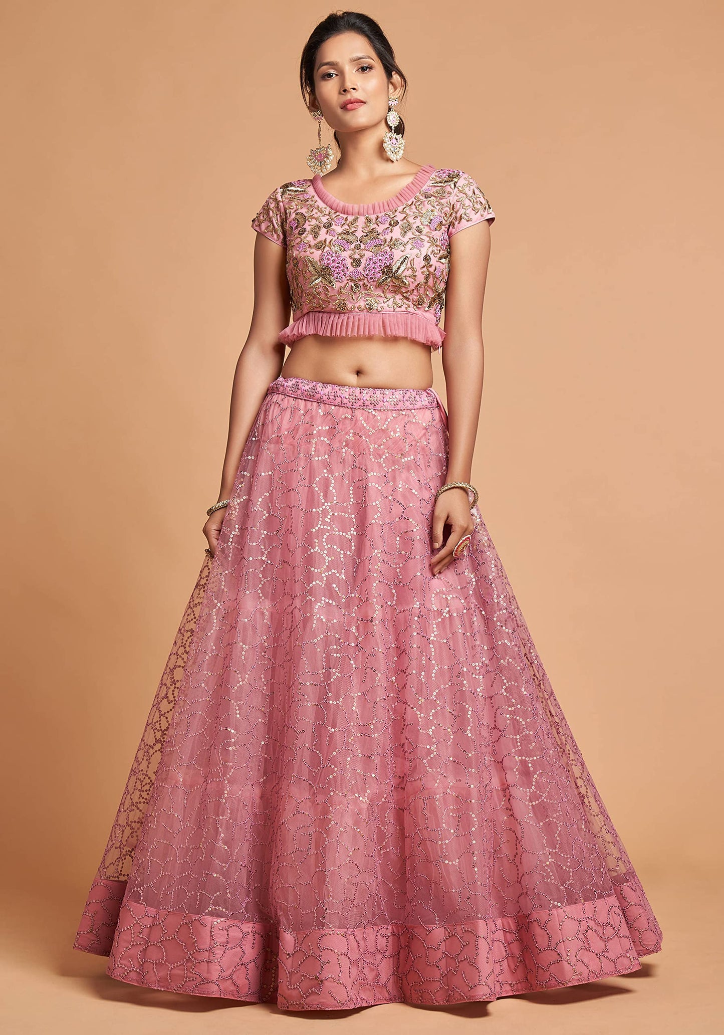 Zeel Clothing Women's Net Embroidered Semi-Stitched Bridal New Lehenga Choli with Dupatta (7313-Pink-Wedding-Girlish-Latest-Lehenga; Free Size)