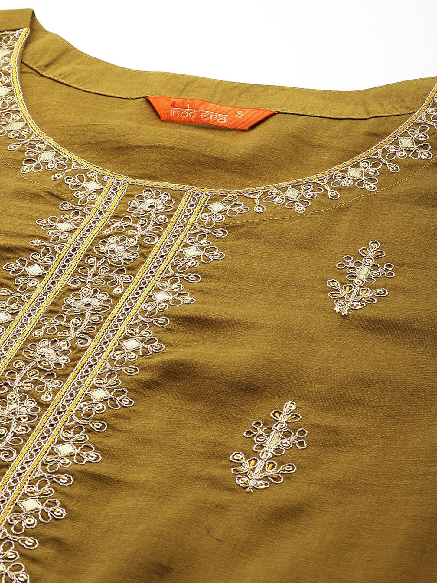 INDO ERA Silk Blend Mustard Straight Embroidered Kurta Pant with Dupatta Set for Women (Kh9Mt7107_X-Small)