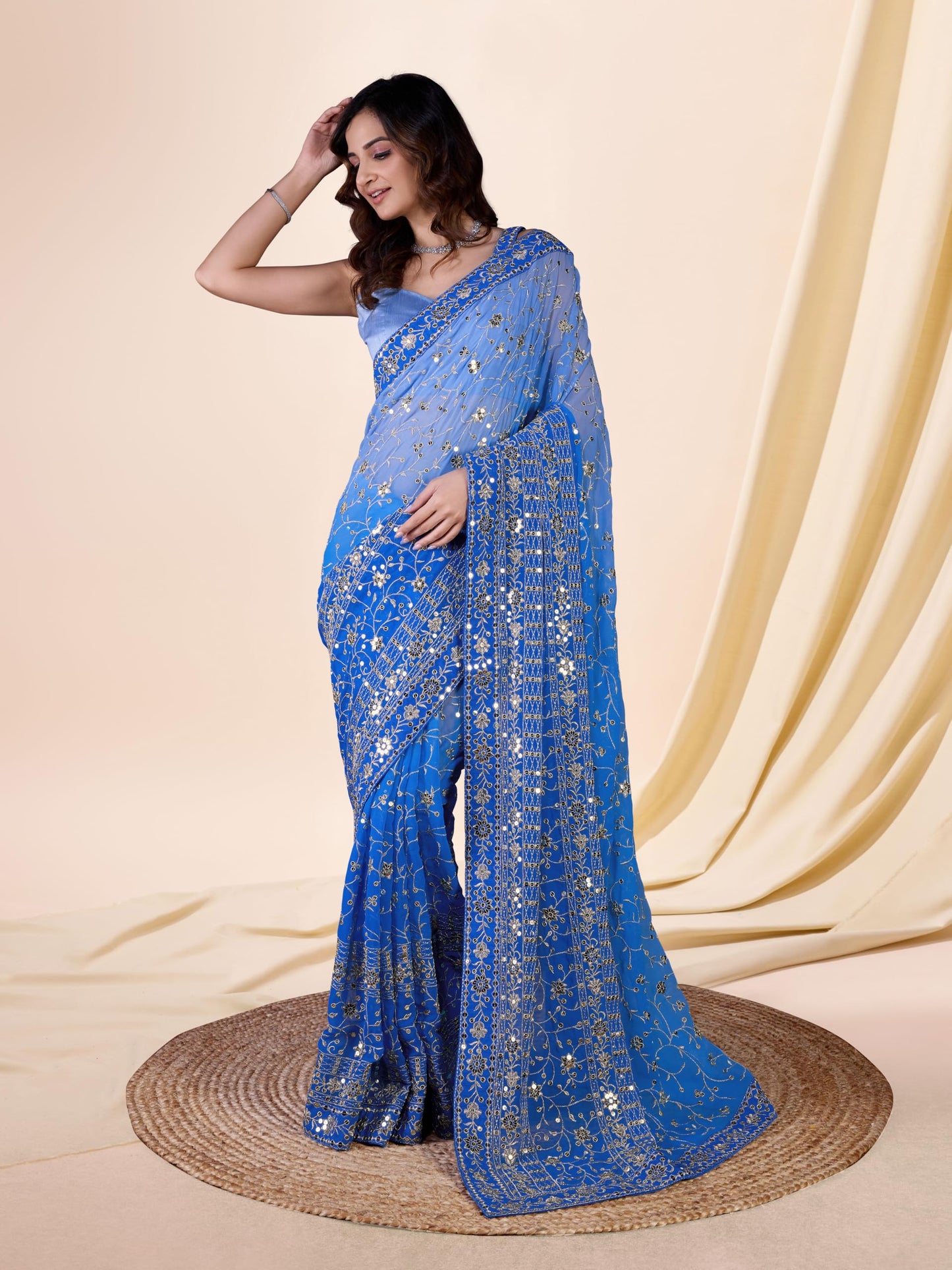 TRENDMALLS Women's Georgette Sequin Embroidery work Saree with Unstitch Blouse Piece (K963-Skyblue)