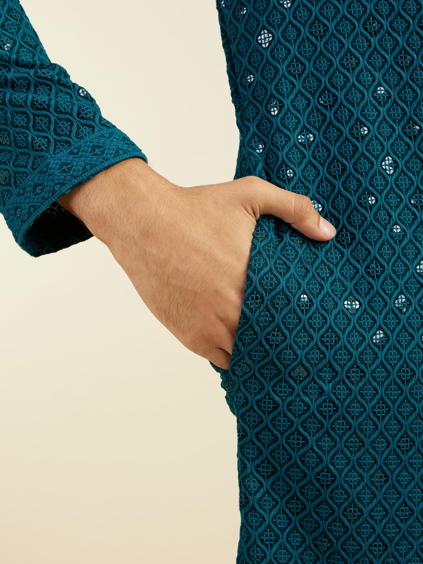 DIWAS BY MANYAVAR Men's Viscose Embroidery|Sequin Work Kurta Set (Teal Green,S)