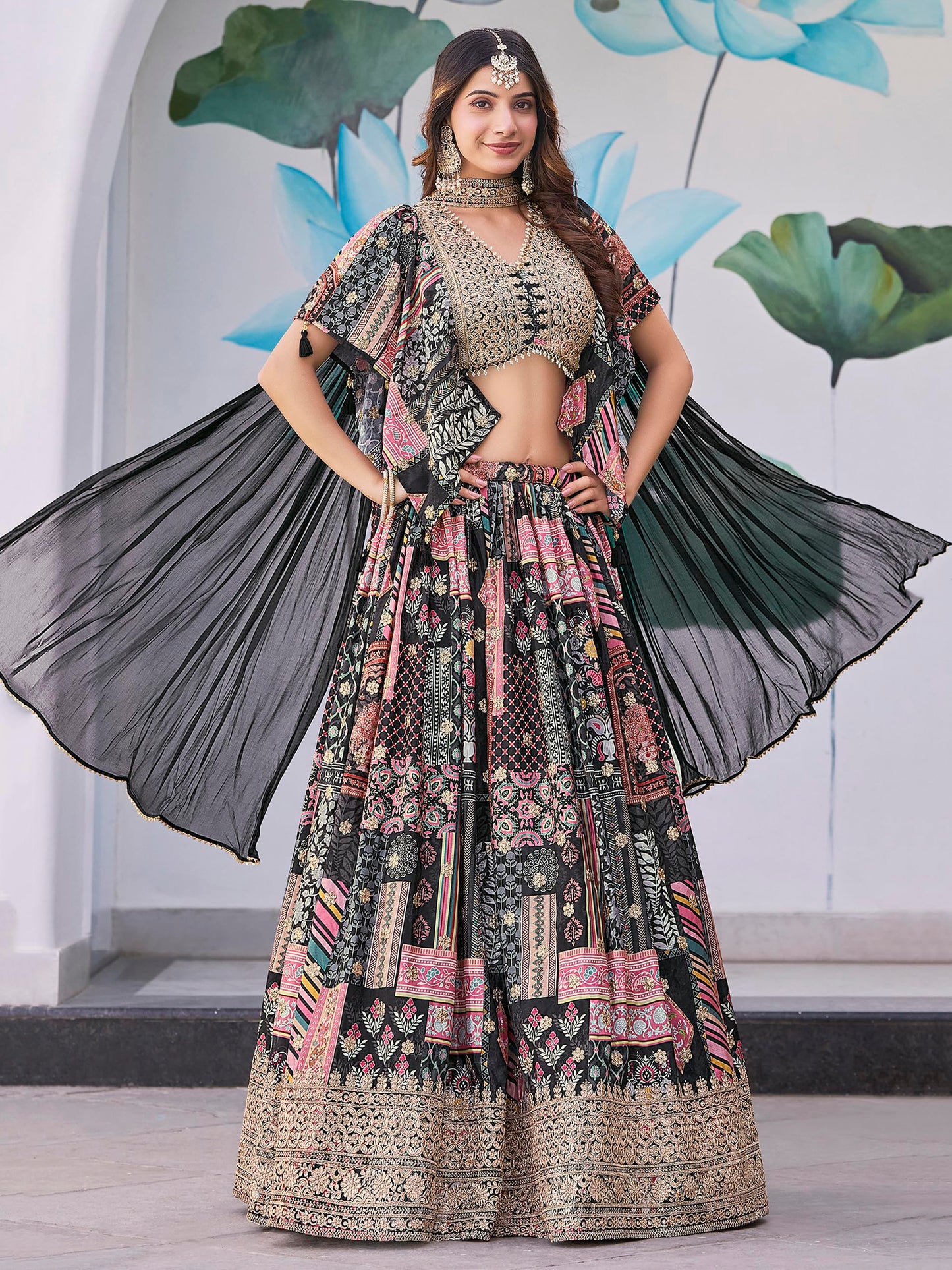 Zeel Clothing Women's Digital Print with Zari Dori Embroidery Work Chinnon Silk Lehenga Choli With Dupatta (7050-Black-Women-Lehenga-Choli-Latest; Free size) (Black)