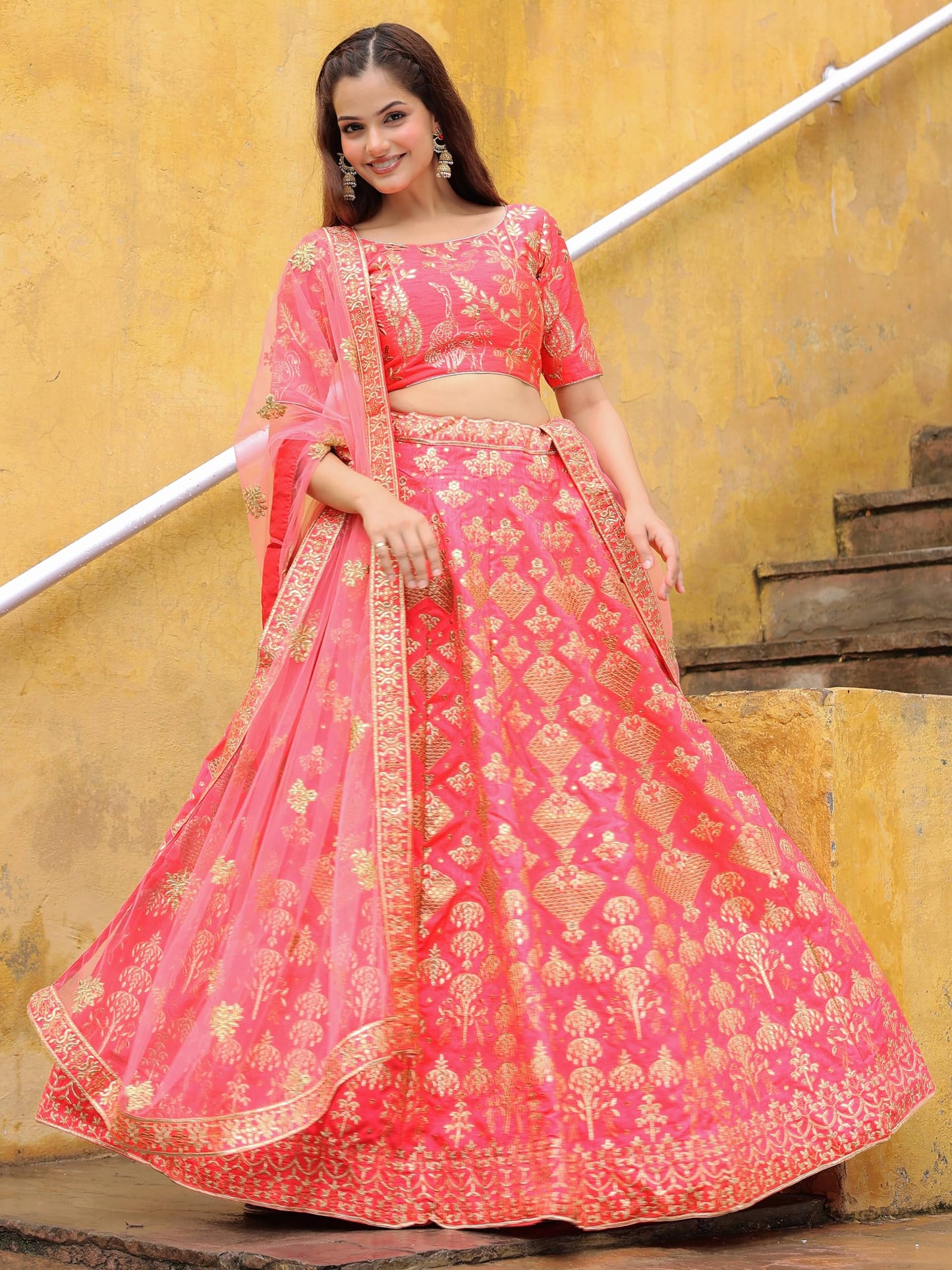 Zeel Clothing Women's Sequins Thread Embroidery Silk Wedding Latest Readymade Lehenga Choli With Dupatta (7055-Peach-Wedding-Lehenga-Choli-Latest; Free Size) (Peach)