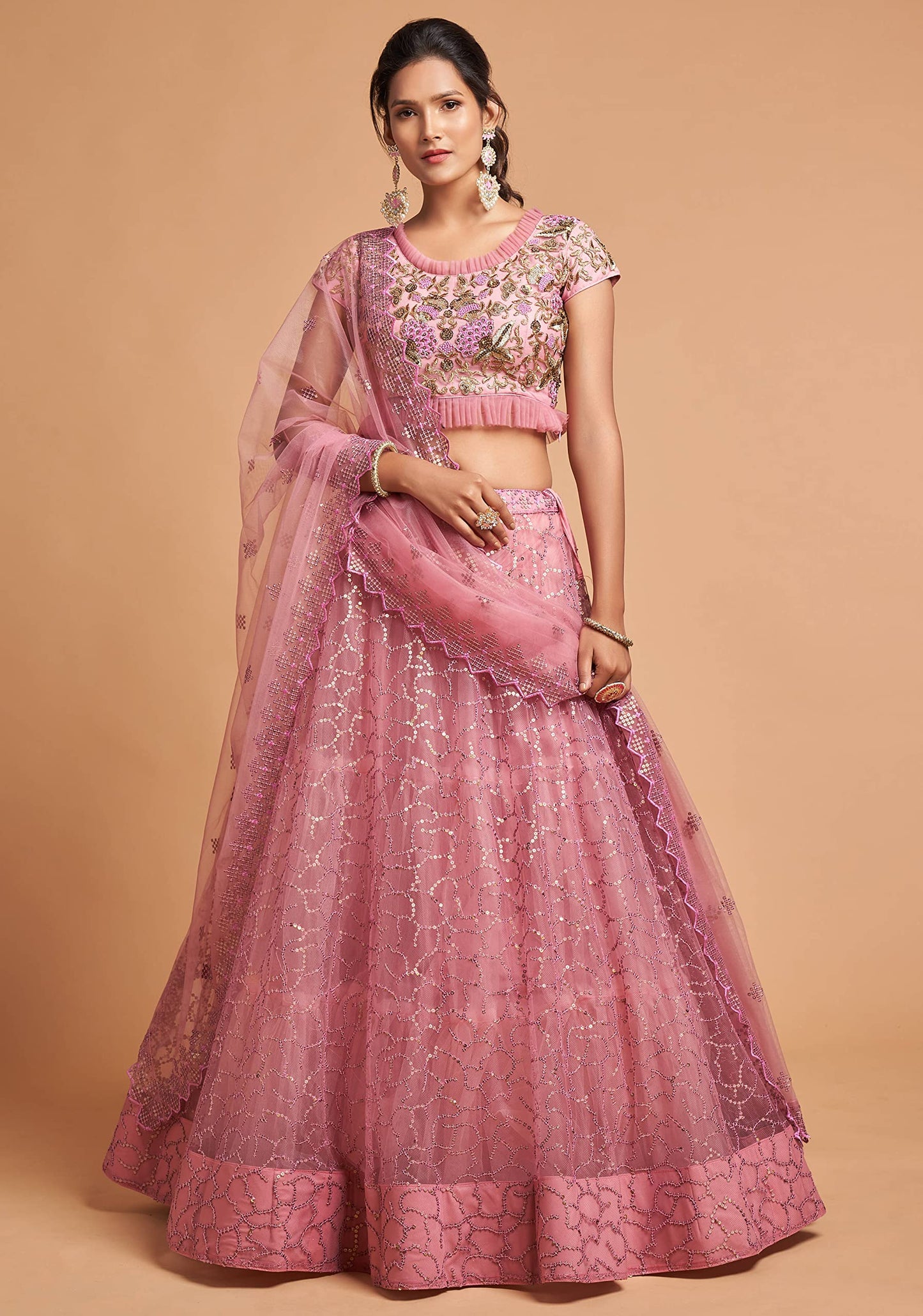 Zeel Clothing Women's Net Embroidered Semi-Stitched Bridal New Lehenga Choli with Dupatta (7313-Pink-Wedding-Girlish-Latest-Lehenga; Free Size)