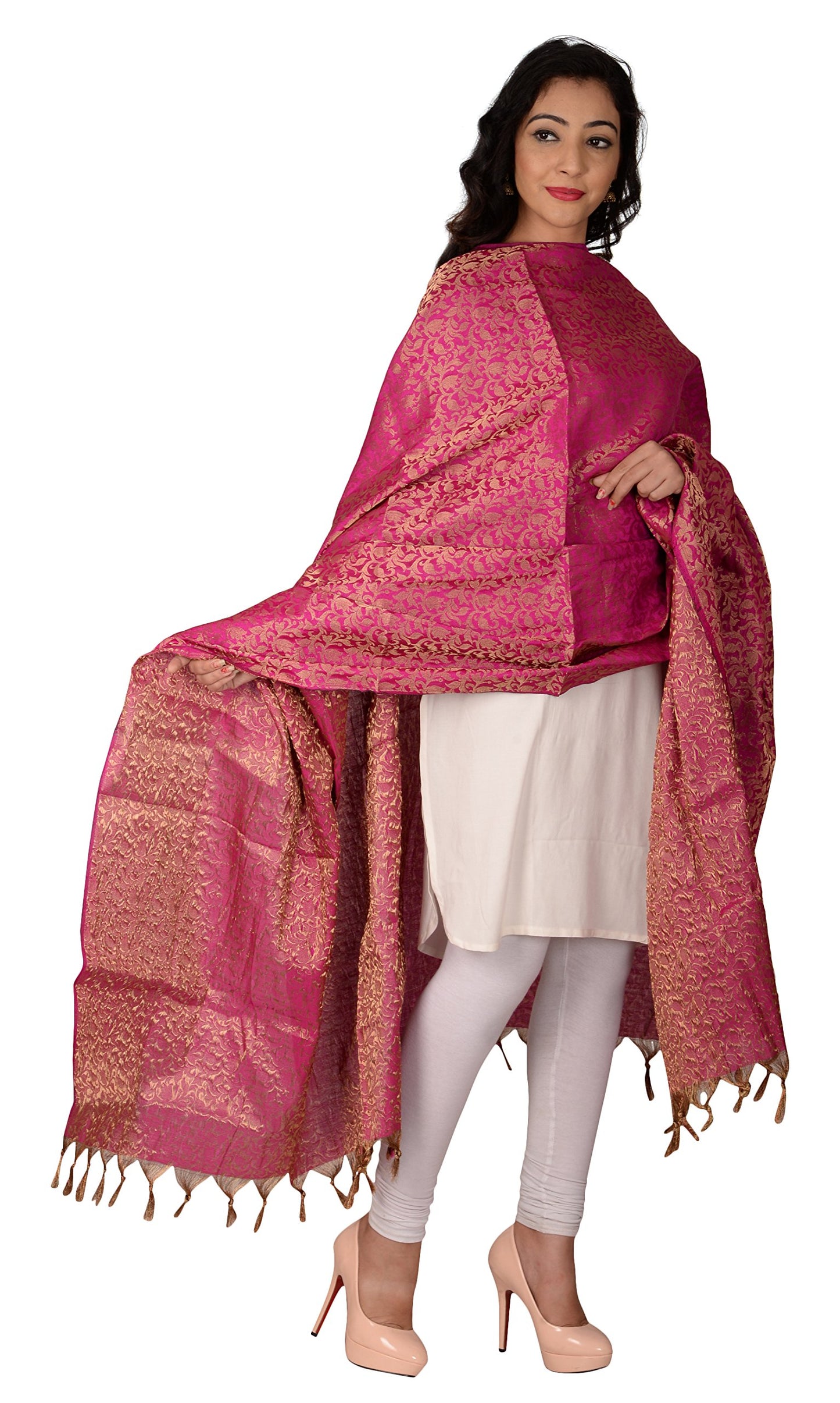 YOUTHQUAKE Women's & Girls Golden Zari Jacquard Banarsi Silk Dupatta with (Rani Pink) 2.25 Meter