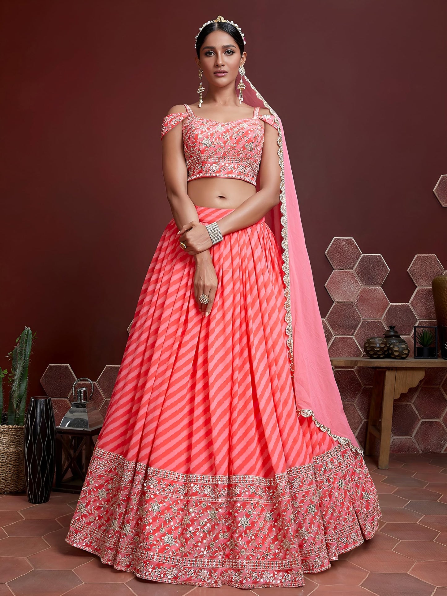 Zeel Clothing Women's Organza Laheriya Embroidered Semi-Stitched Lehenga Choli with Dupatta (107-Pink-Wedding-Bridal-Latest-Lehenga; Free Size)