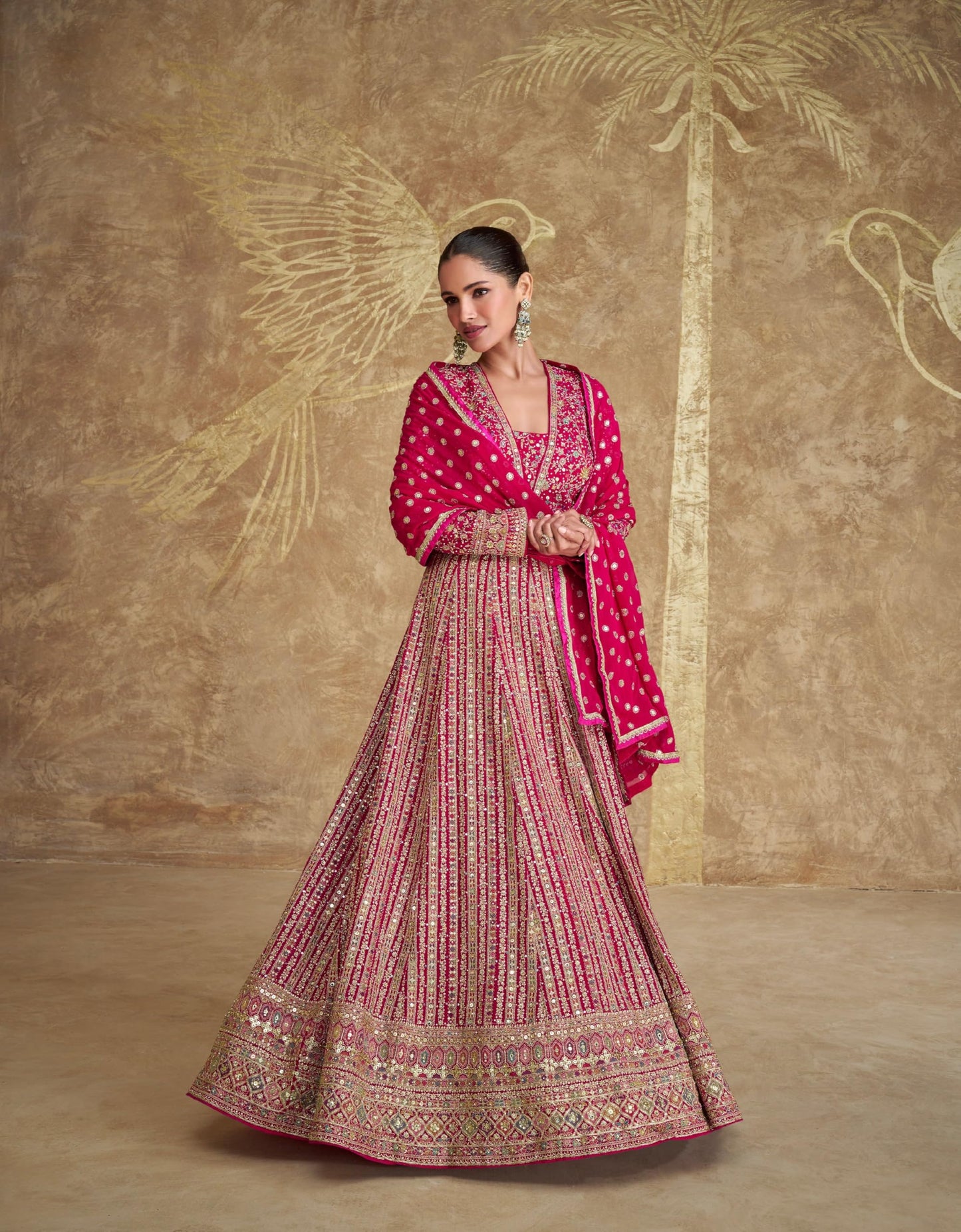 Miss Ethnik Women's Pink Chinon Stitched Gown With Dupatta Full Sleeve Embroidered Anarkali Gown (ME-1275-Pink-4XL)