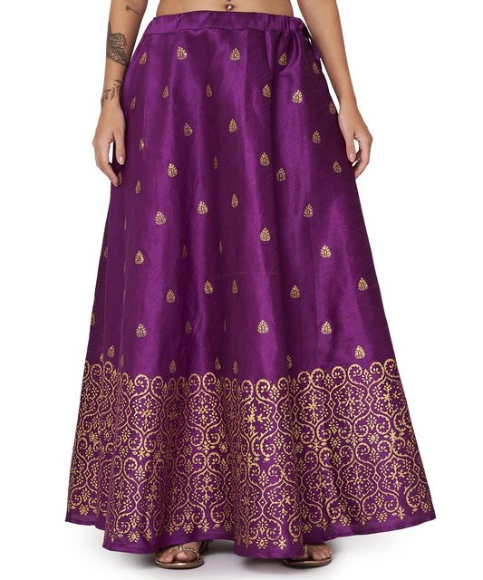 studio rasa Women's Dupion Hand Block Printed Bias Skirt for Wedding Festive Party (SKTC52403L_Purple_Large)