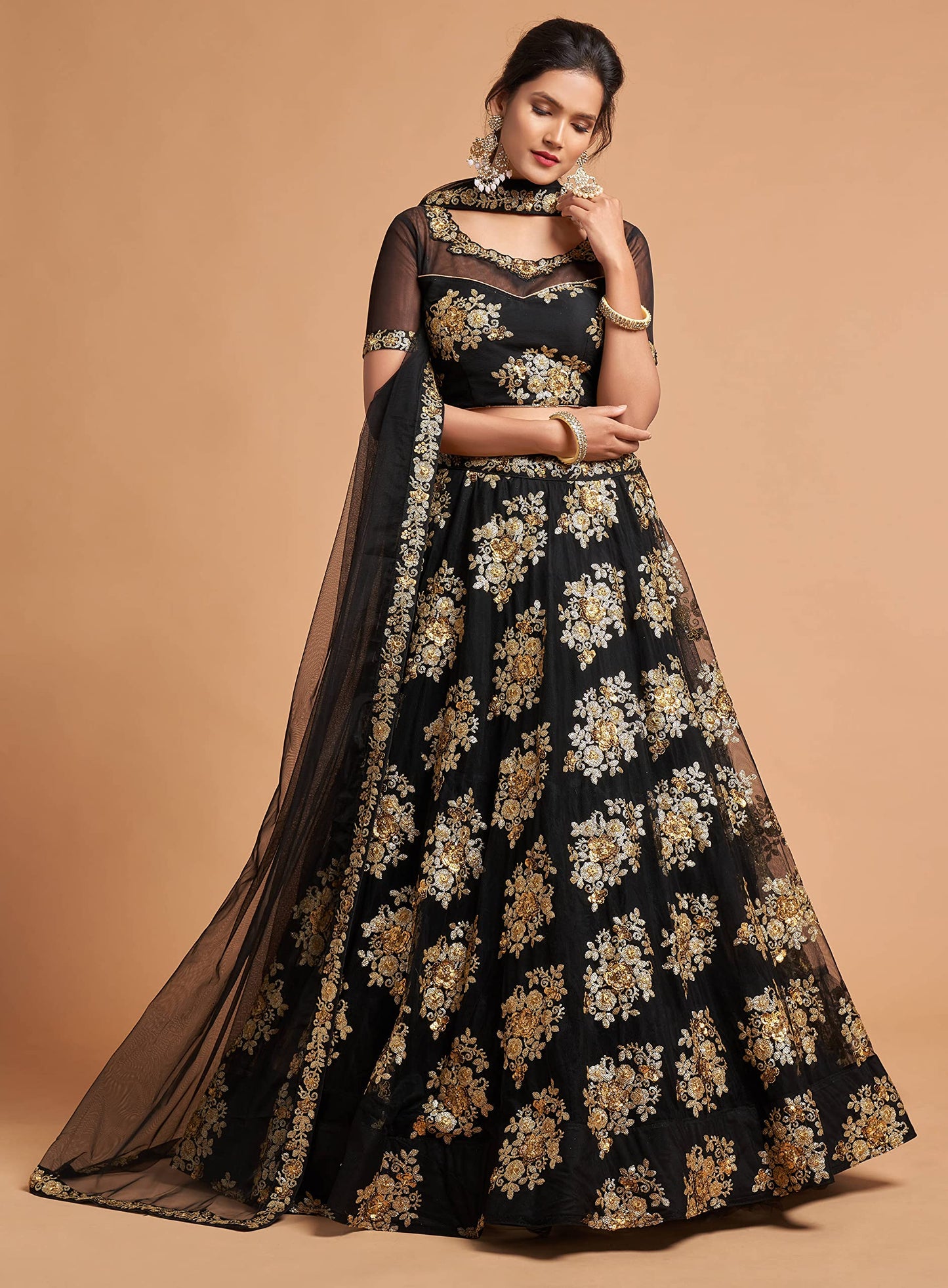 Divine Exim Women's Net Embroidered Semi-Stitched Lehenga Choli with Dupatta (7306-Black-Wedding-Girlish-Latest-Lehenga; Free Size)