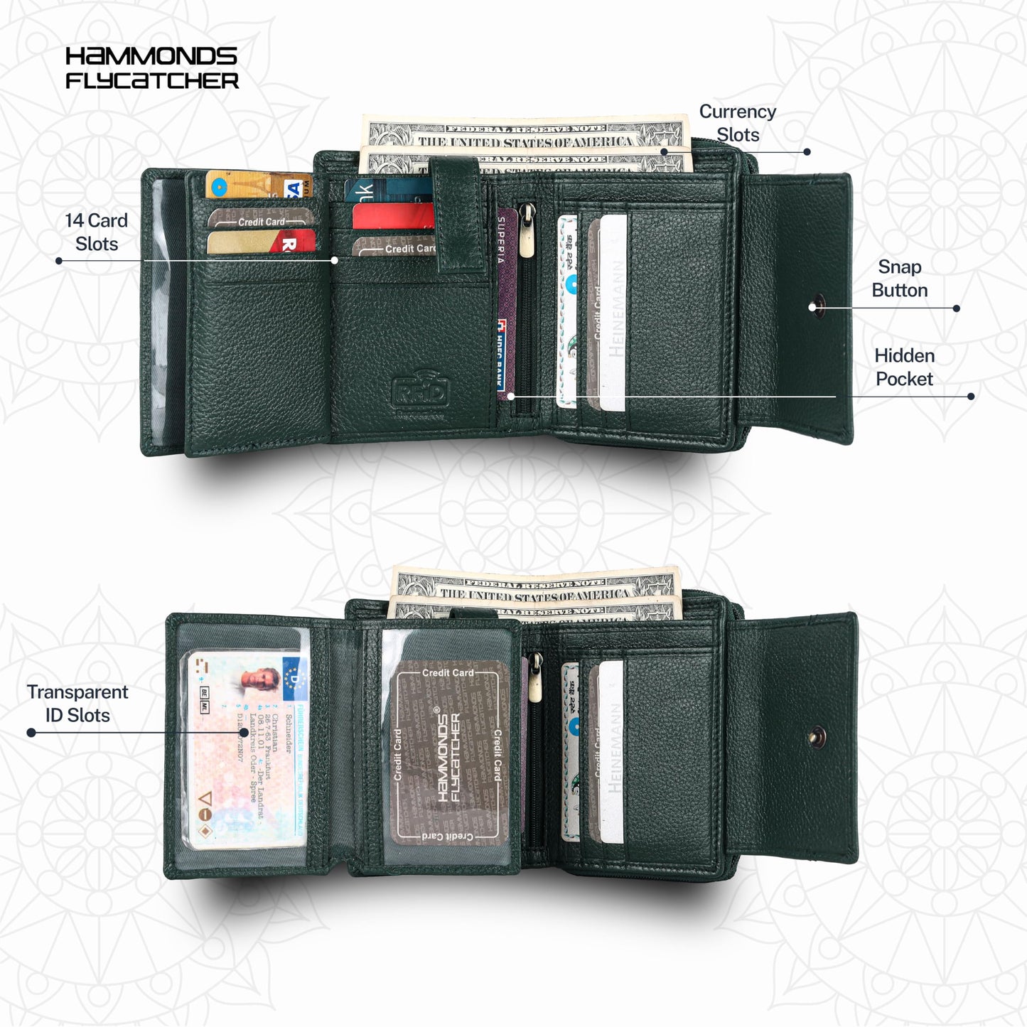 HAMMONDS FLYCATCHER wallet for women - Genuine Leather Ladies Wallet - Green - 14 Card Slots - RFID Protection - 3 ID Card Slots - Women's Wallet - Button Closure -Hand Wallet - Daily Use, Money Purse