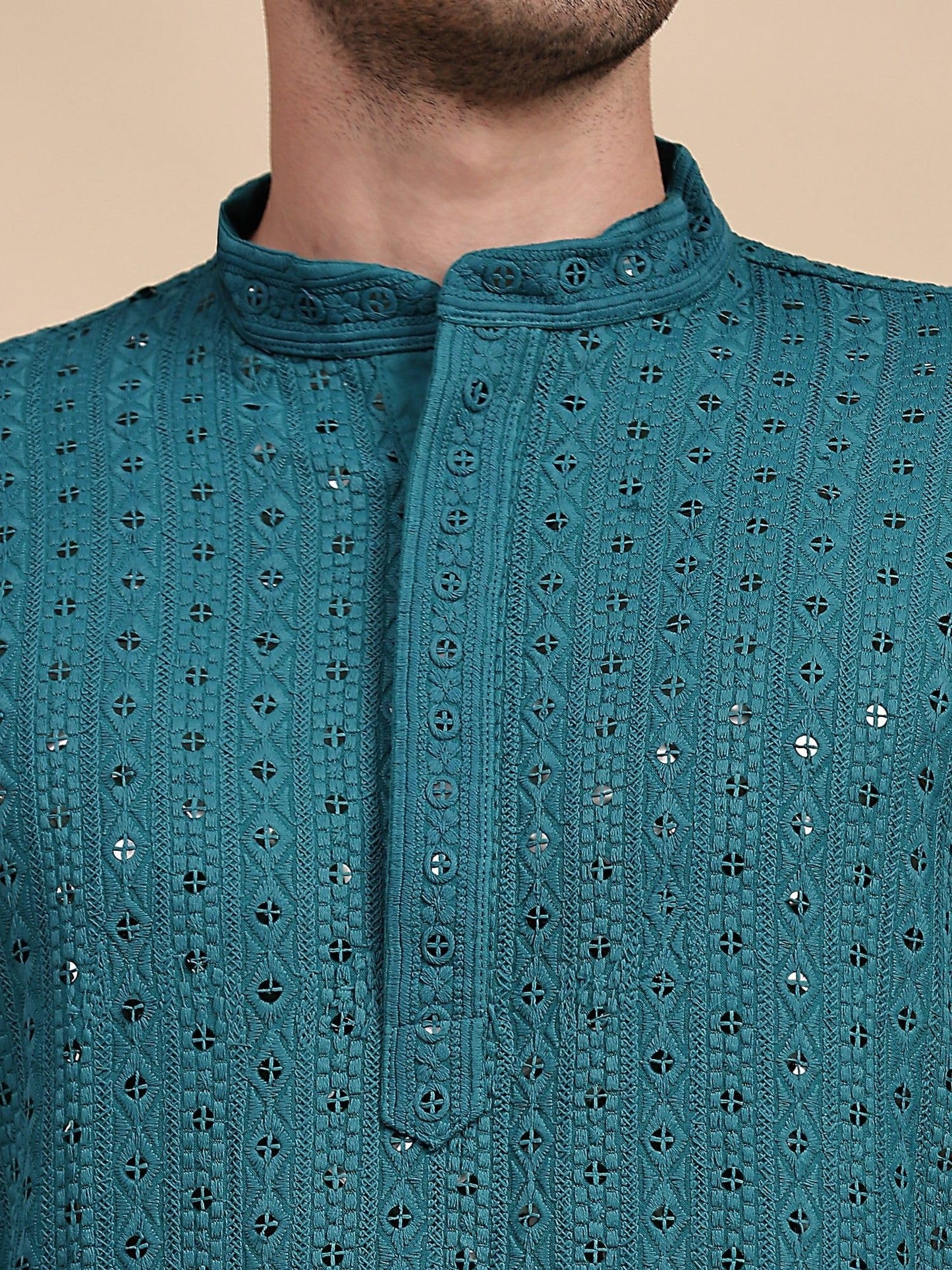 SKAVIJ Men’s Traditional Sequined Kurta Pajama Set Embroidered Party Dress Green_M